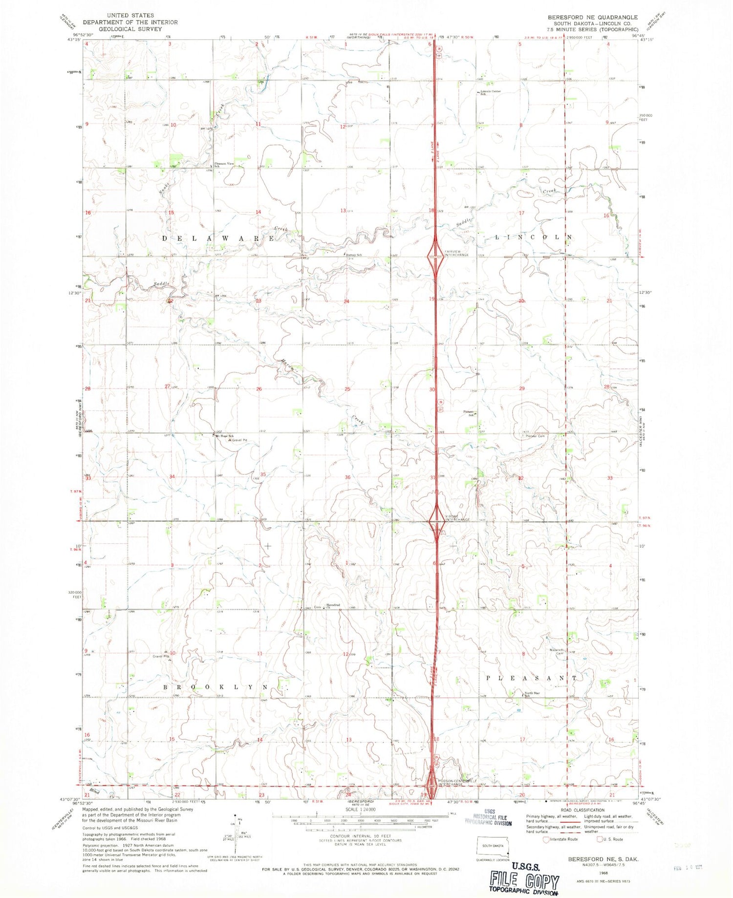 Classic USGS Beresford NE South Dakota 7.5'x7.5' Topo Map Image