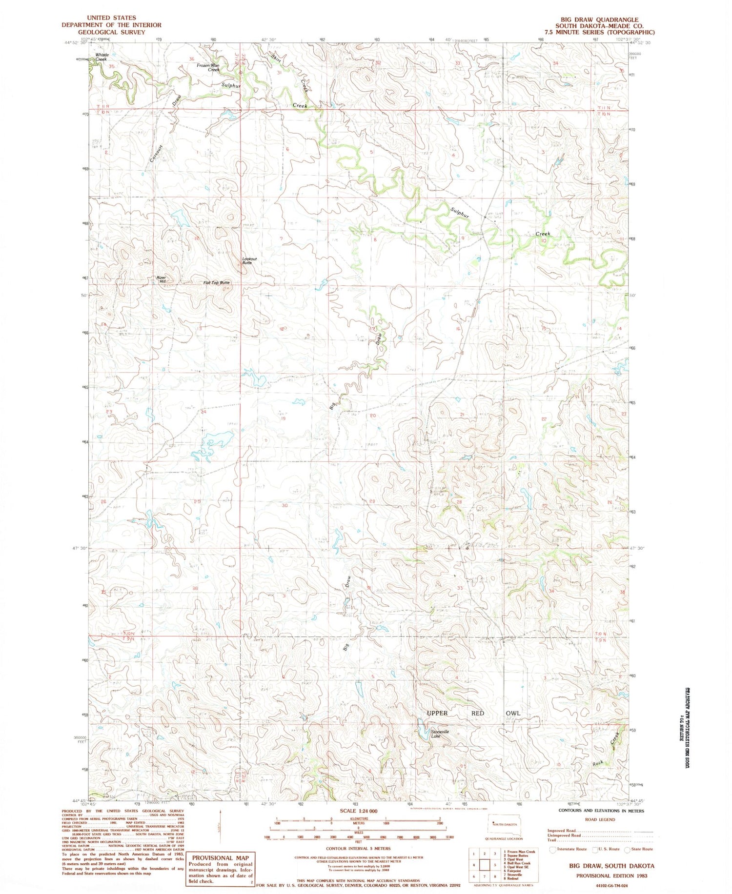 Classic USGS Big Draw South Dakota 7.5'x7.5' Topo Map Image