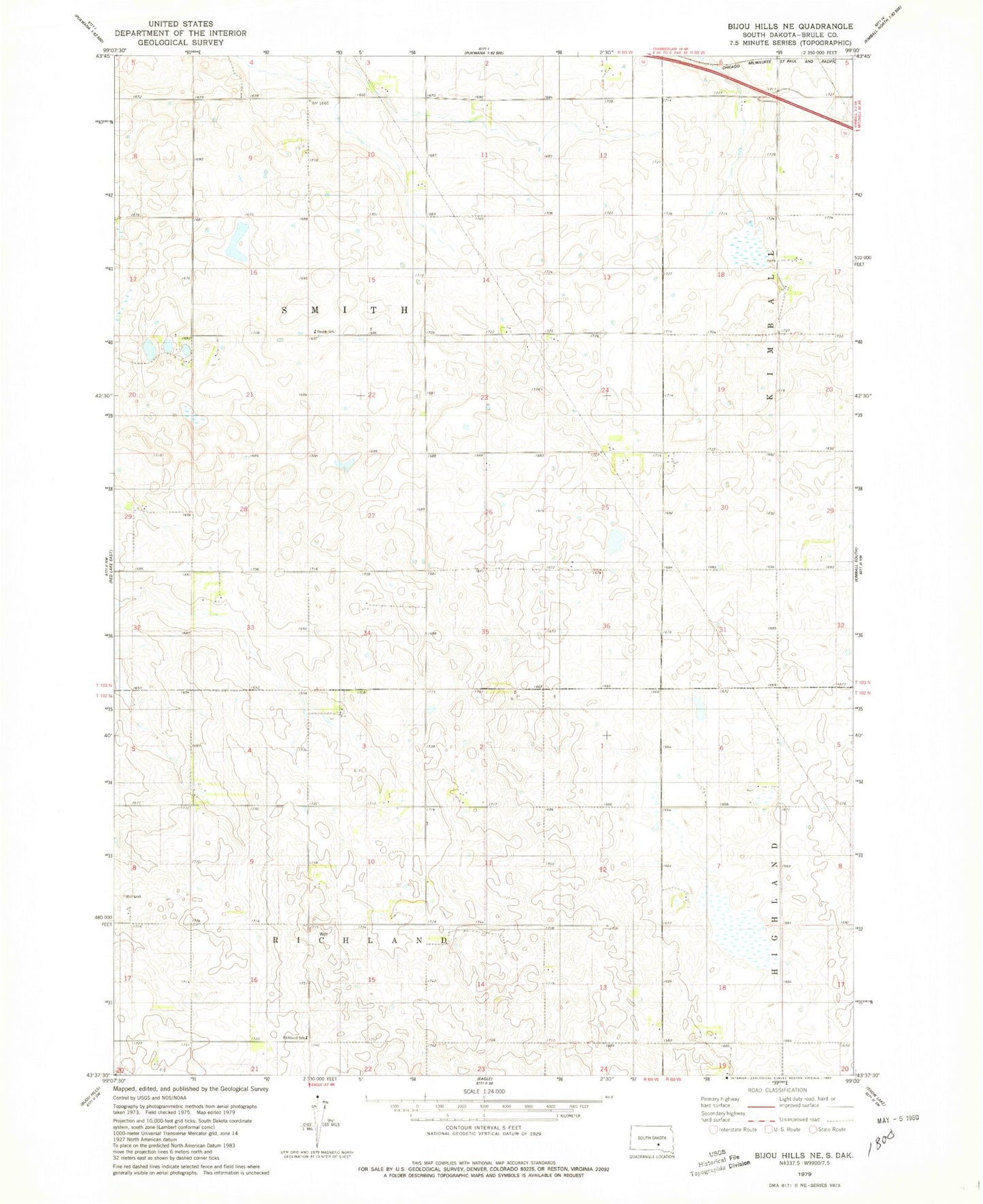 Classic USGS Bijou Hills NE South Dakota 7.5'x7.5' Topo Map Image