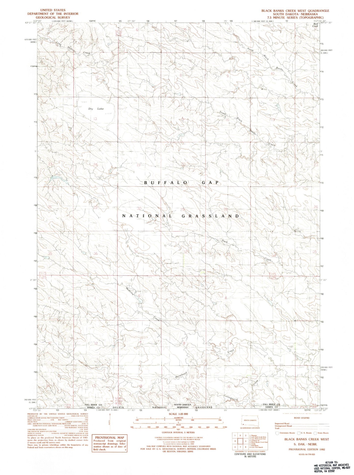 Classic USGS Black Banks Creek West South Dakota 7.5'x7.5' Topo Map Image