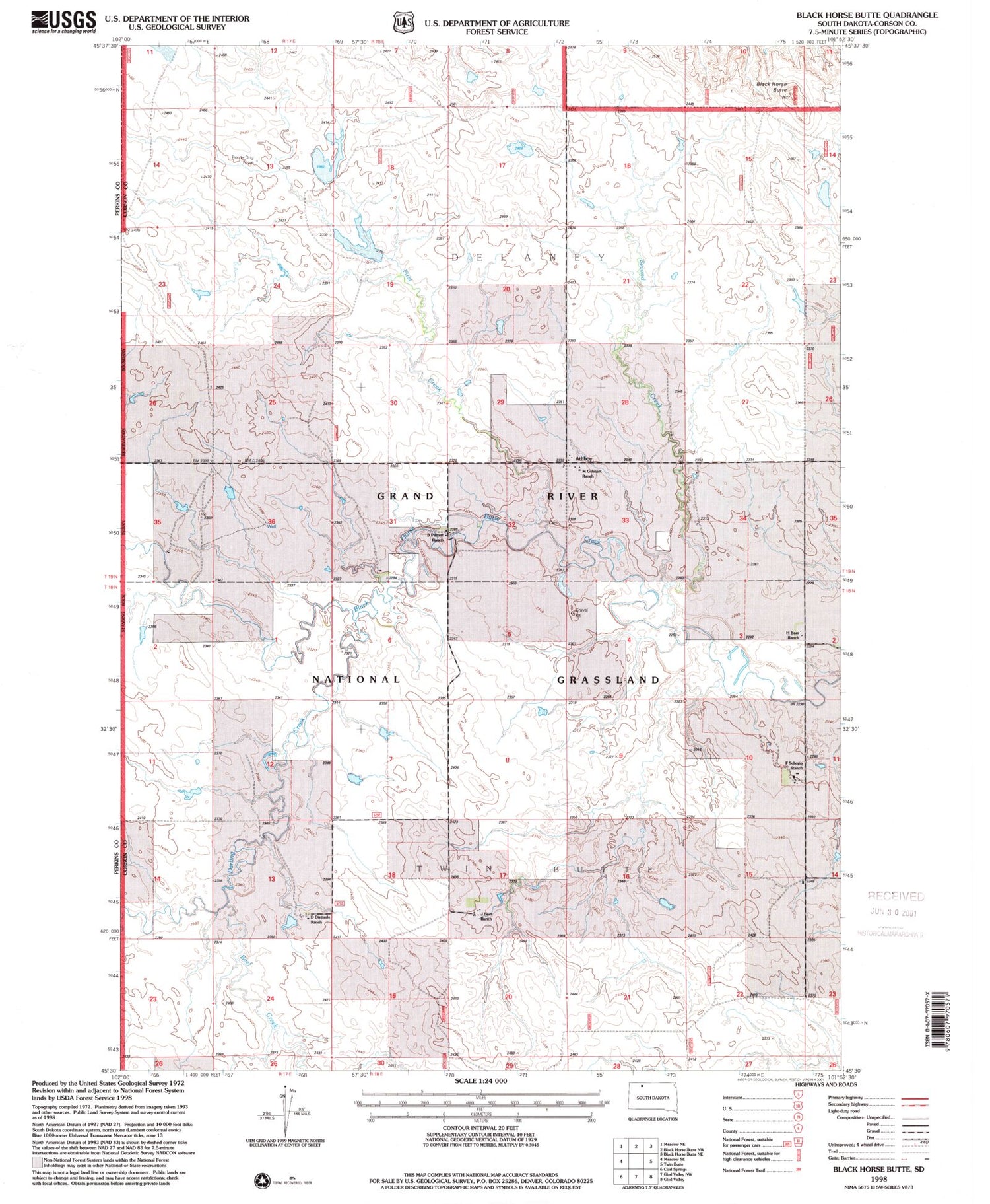 Classic USGS Black Horse Butte South Dakota 7.5'x7.5' Topo Map Image