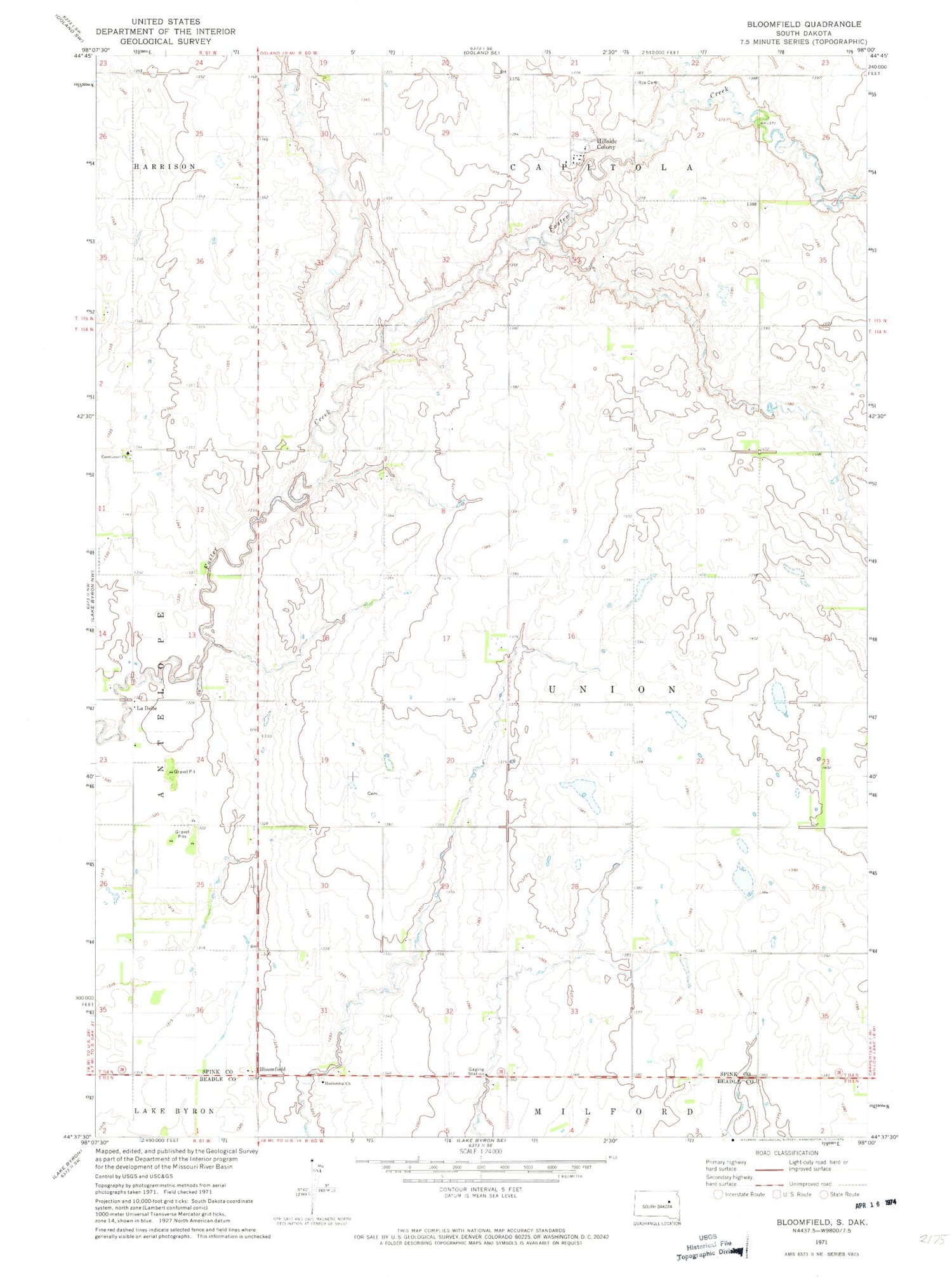 Classic USGS Bloomfield South Dakota 7.5'x7.5' Topo Map Image