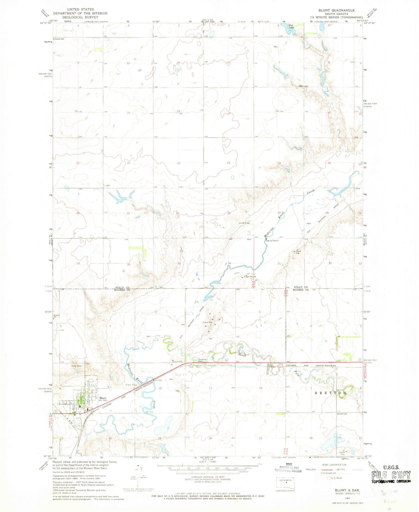 Classic USGS Blunt South Dakota 7.5'x7.5' Topo Map Image