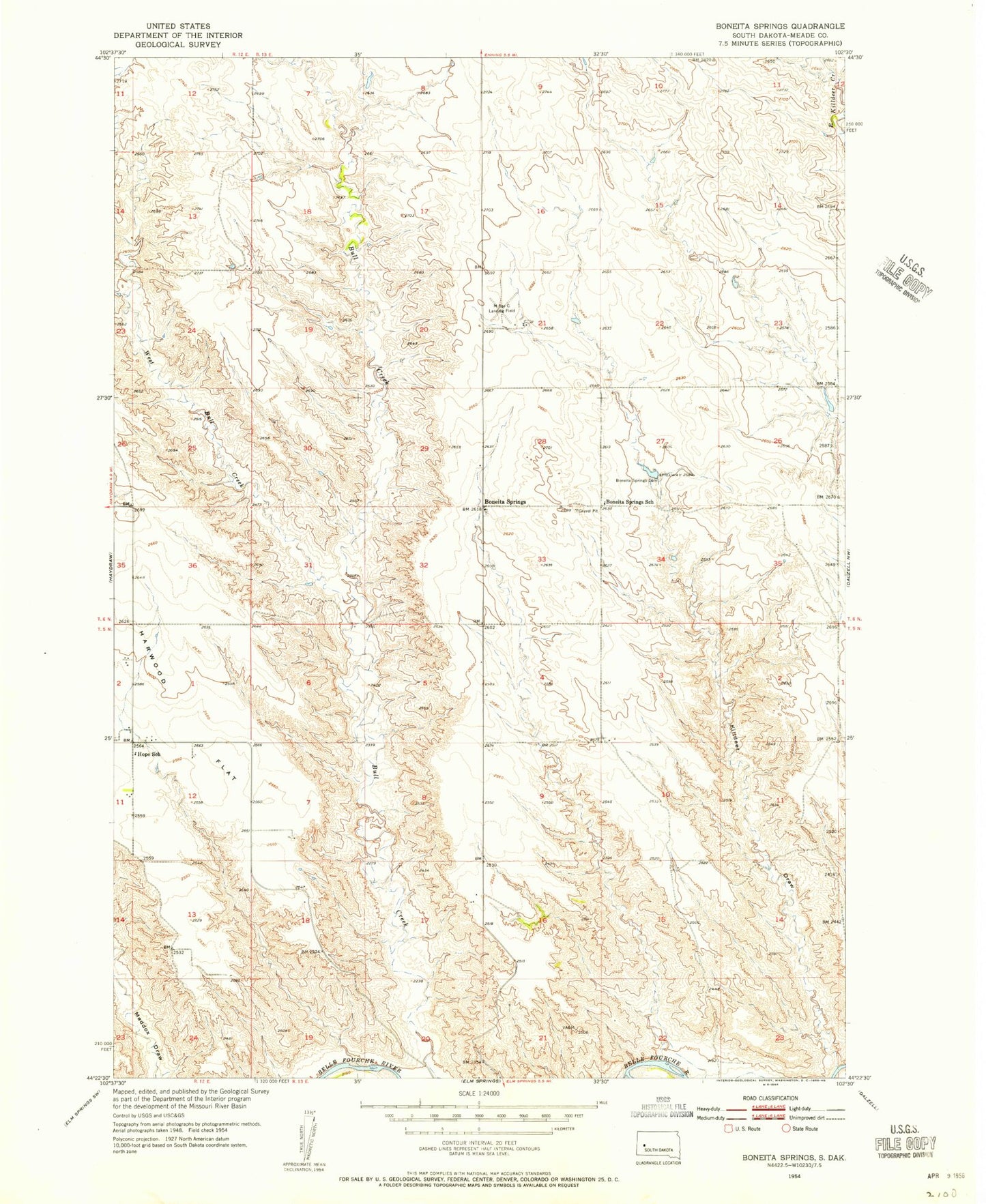 Classic USGS Boneita Springs South Dakota 7.5'x7.5' Topo Map Image