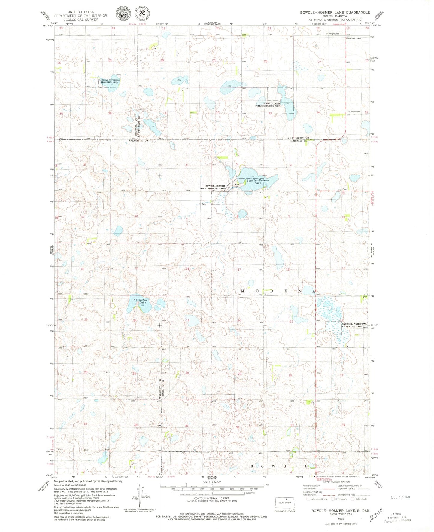 Classic USGS Bowdle-Hosmer Lake South Dakota 7.5'x7.5' Topo Map Image