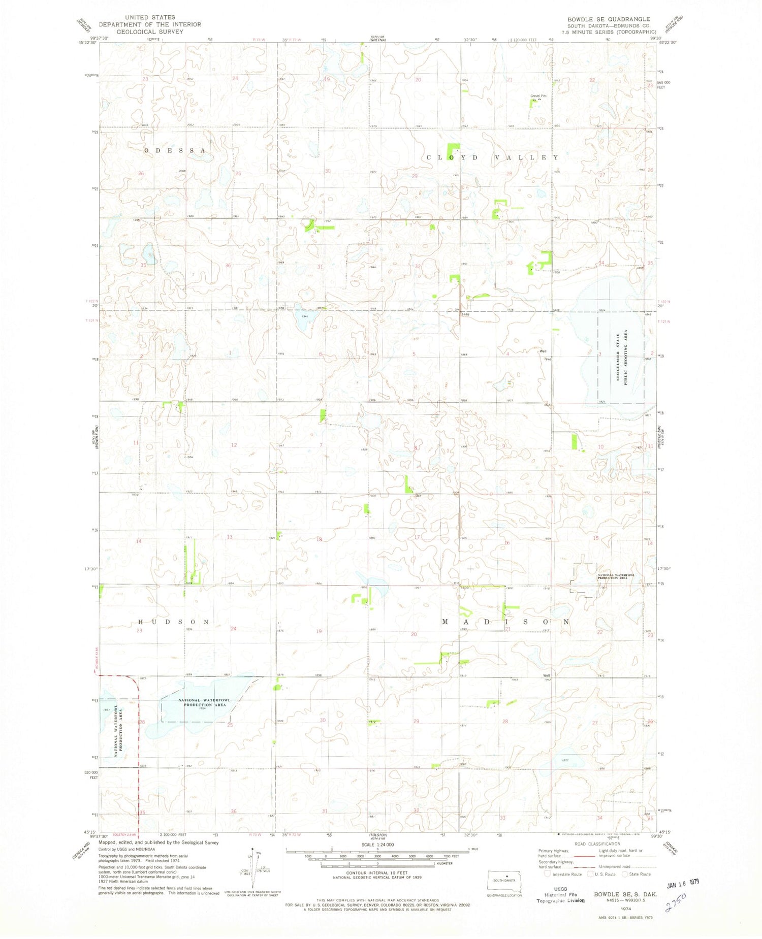 Classic USGS Bowdle SE South Dakota 7.5'x7.5' Topo Map Image