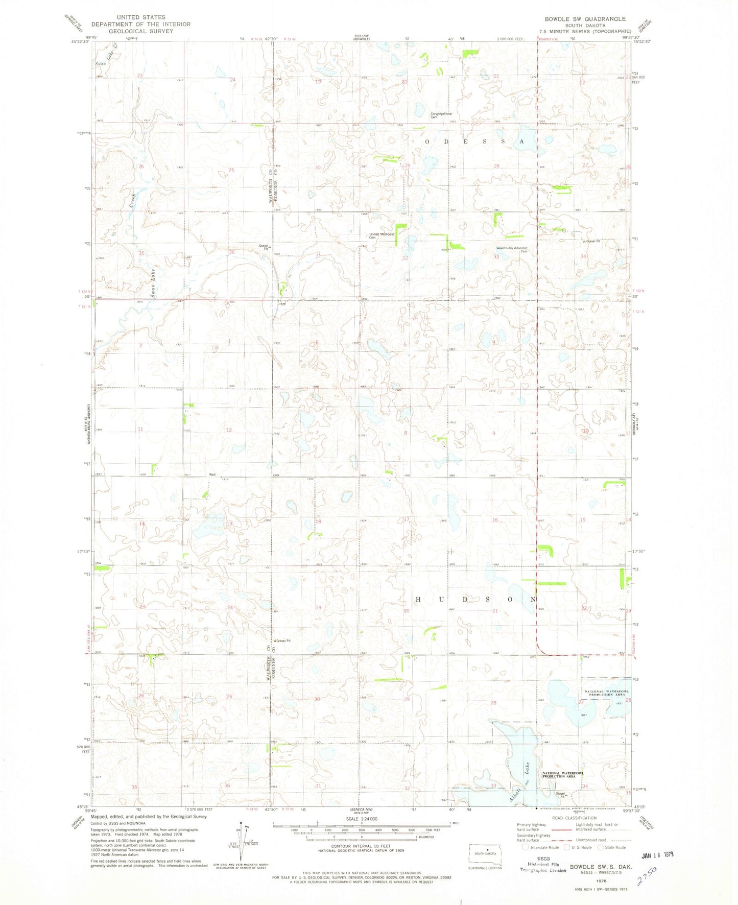 Classic USGS Bowdle SW South Dakota 7.5'x7.5' Topo Map Image