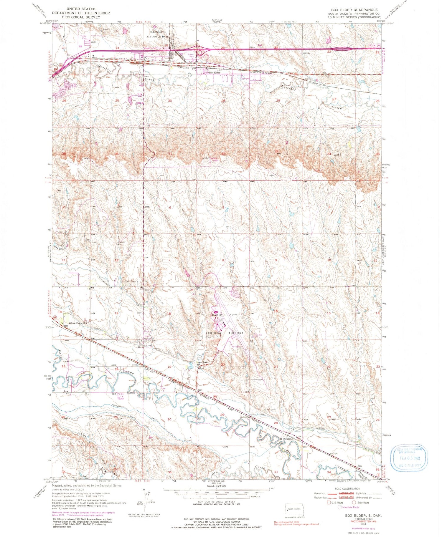 Classic USGS Box Elder South Dakota 7.5'x7.5' Topo Map Image