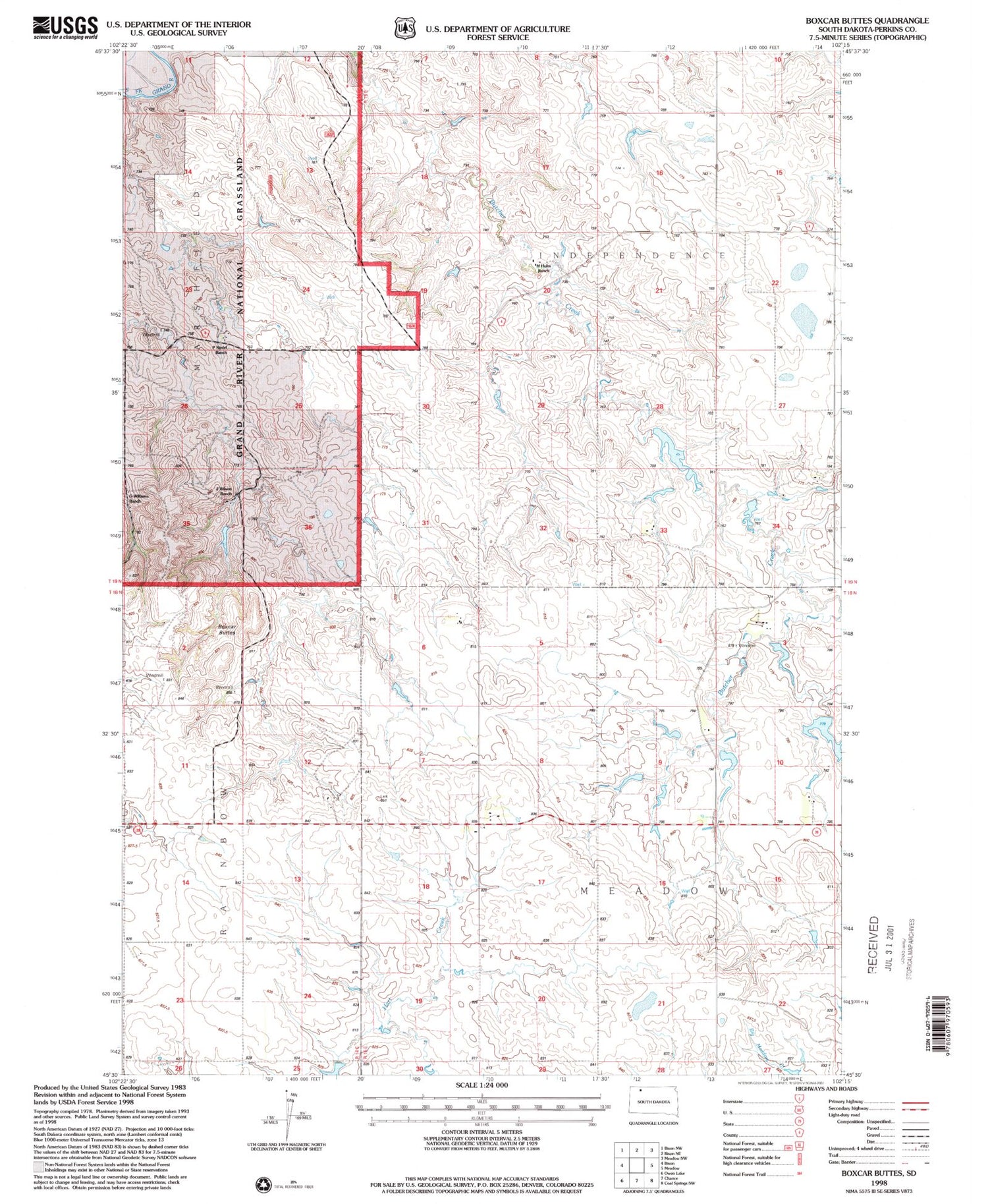 Classic USGS Boxcar Buttes South Dakota 7.5'x7.5' Topo Map Image