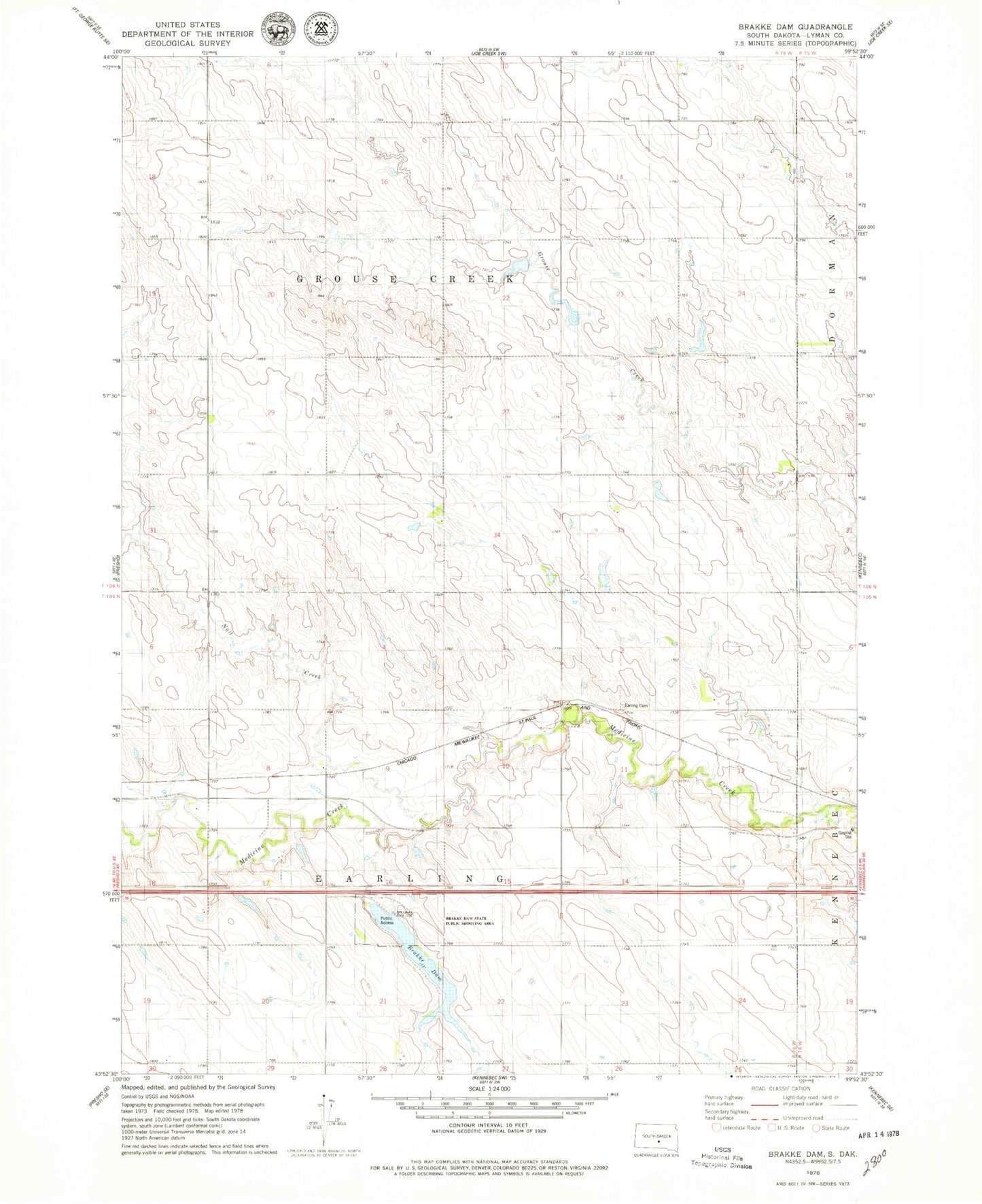 Classic USGS Brakke Dam South Dakota 7.5'x7.5' Topo Map Image