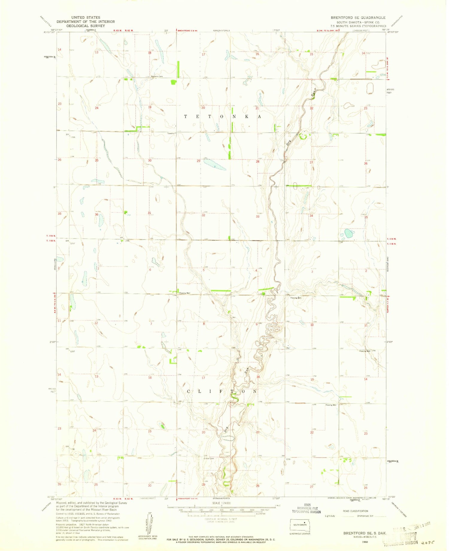 Classic USGS Brentford SE South Dakota 7.5'x7.5' Topo Map Image