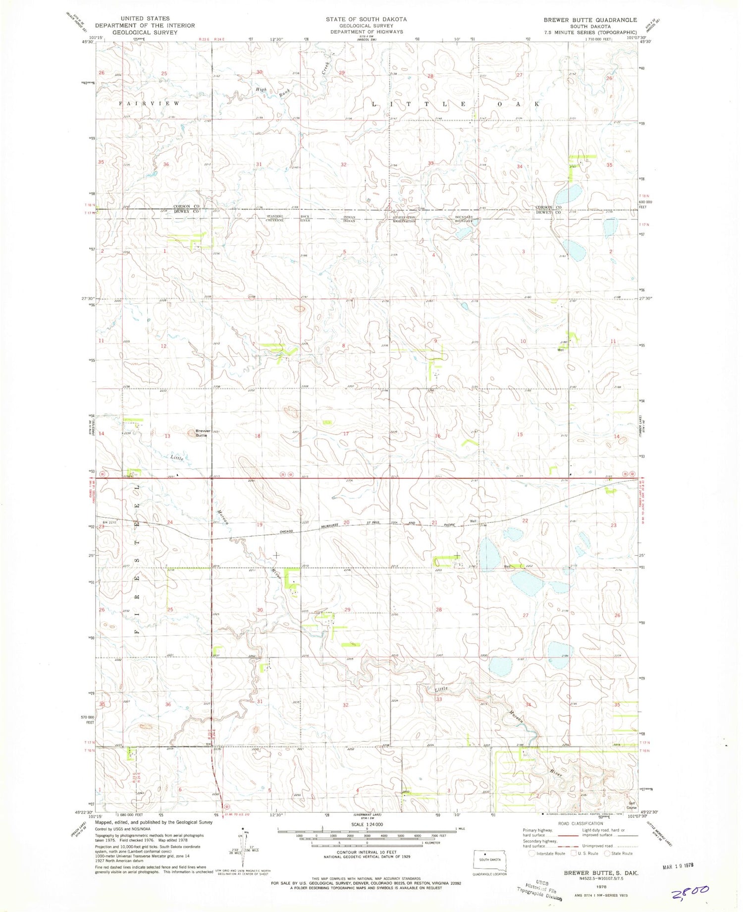Classic USGS Brewer Butte South Dakota 7.5'x7.5' Topo Map Image