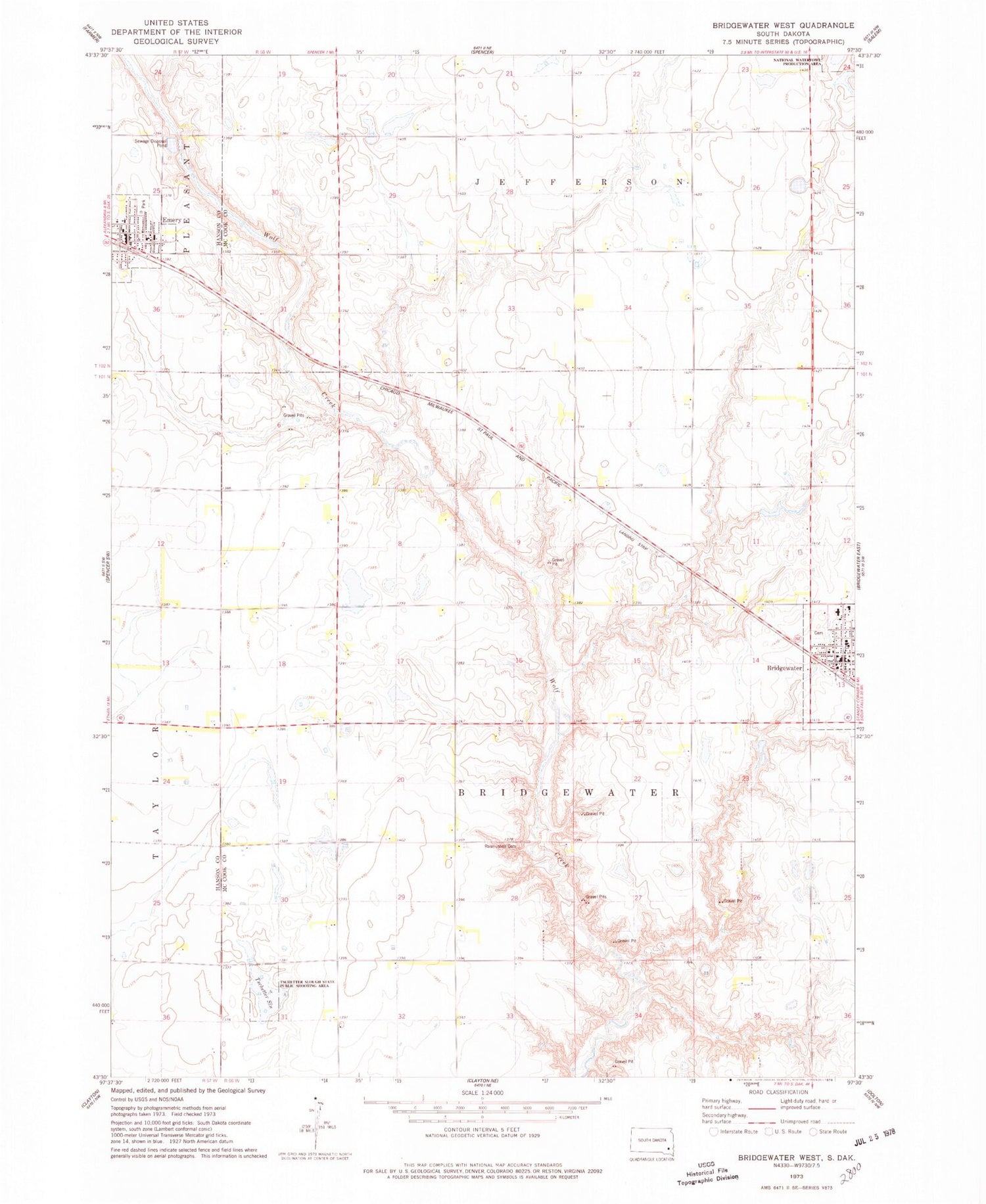 Classic USGS Bridgewater West South Dakota 7.5'x7.5' Topo Map Image