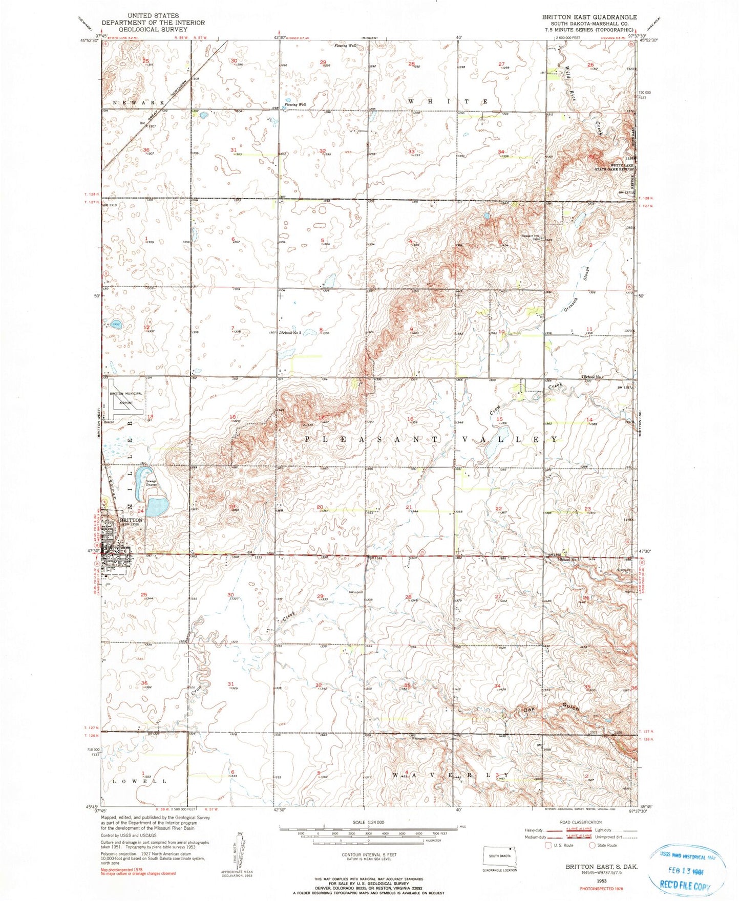 Classic USGS Britton East South Dakota 7.5'x7.5' Topo Map Image