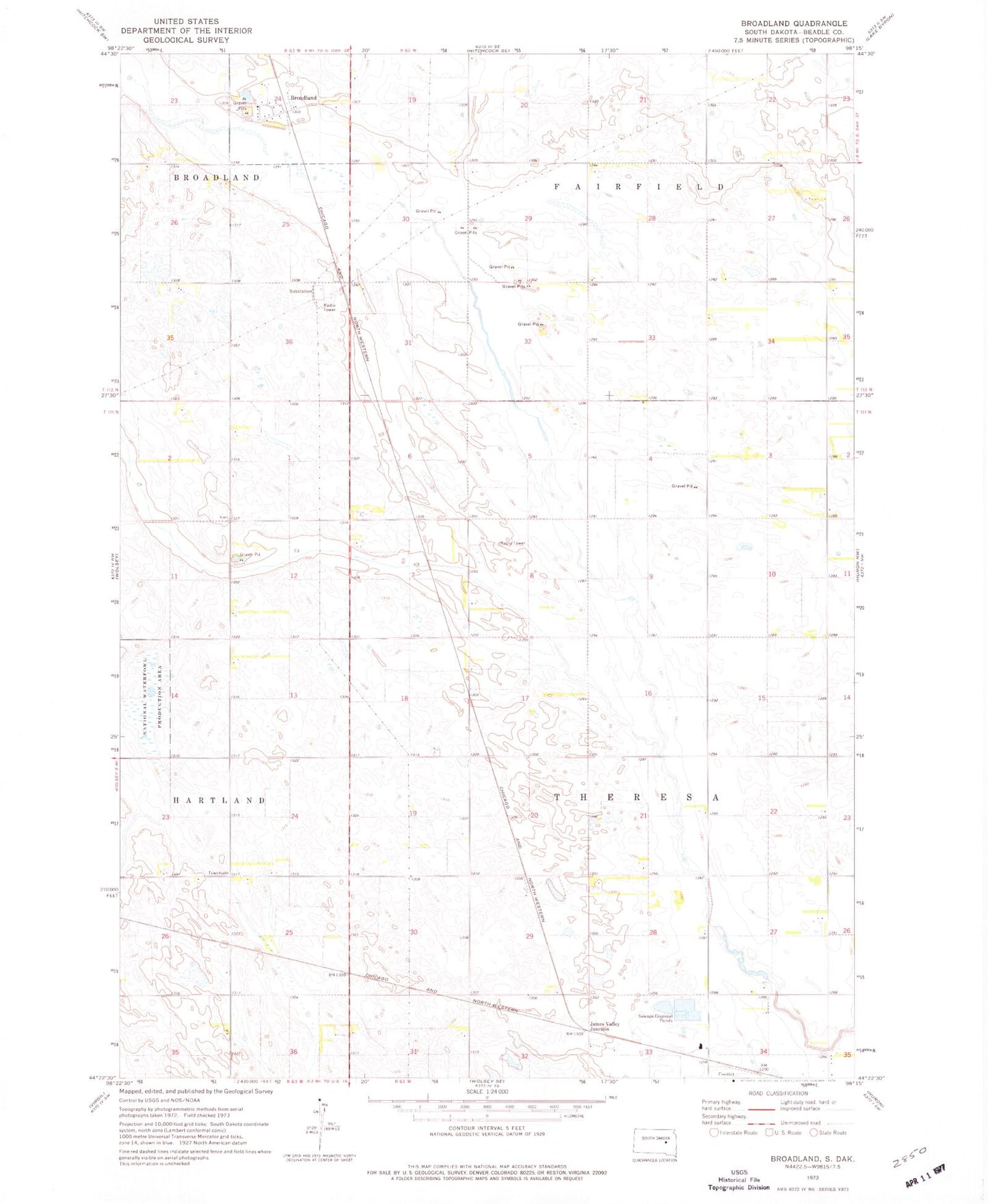 Classic USGS Broadland South Dakota 7.5'x7.5' Topo Map Image