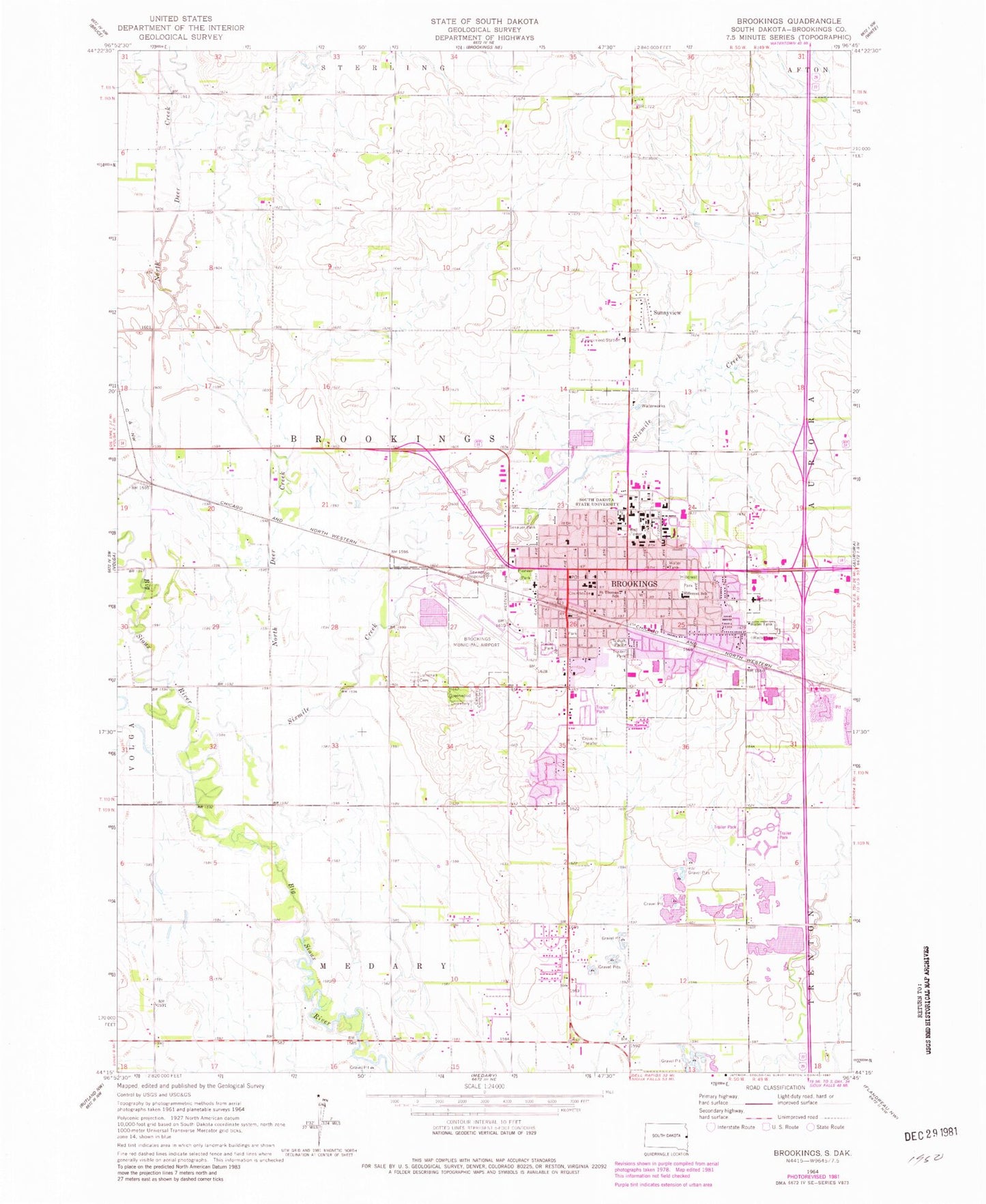 Classic USGS Brookings South Dakota 7.5'x7.5' Topo Map Image
