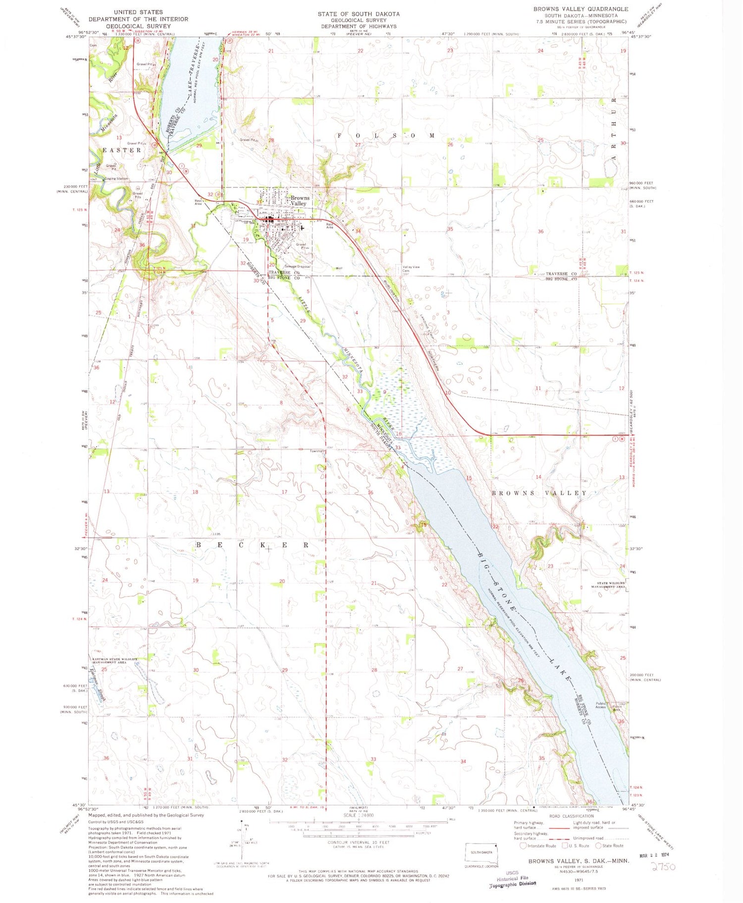 Classic USGS Browns Valley Minnesota 7.5'x7.5' Topo Map Image