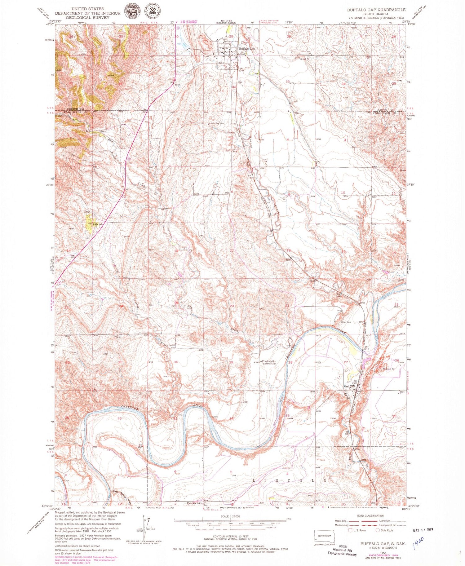 Classic USGS Buffalo Gap South Dakota 7.5'x7.5' Topo Map Image
