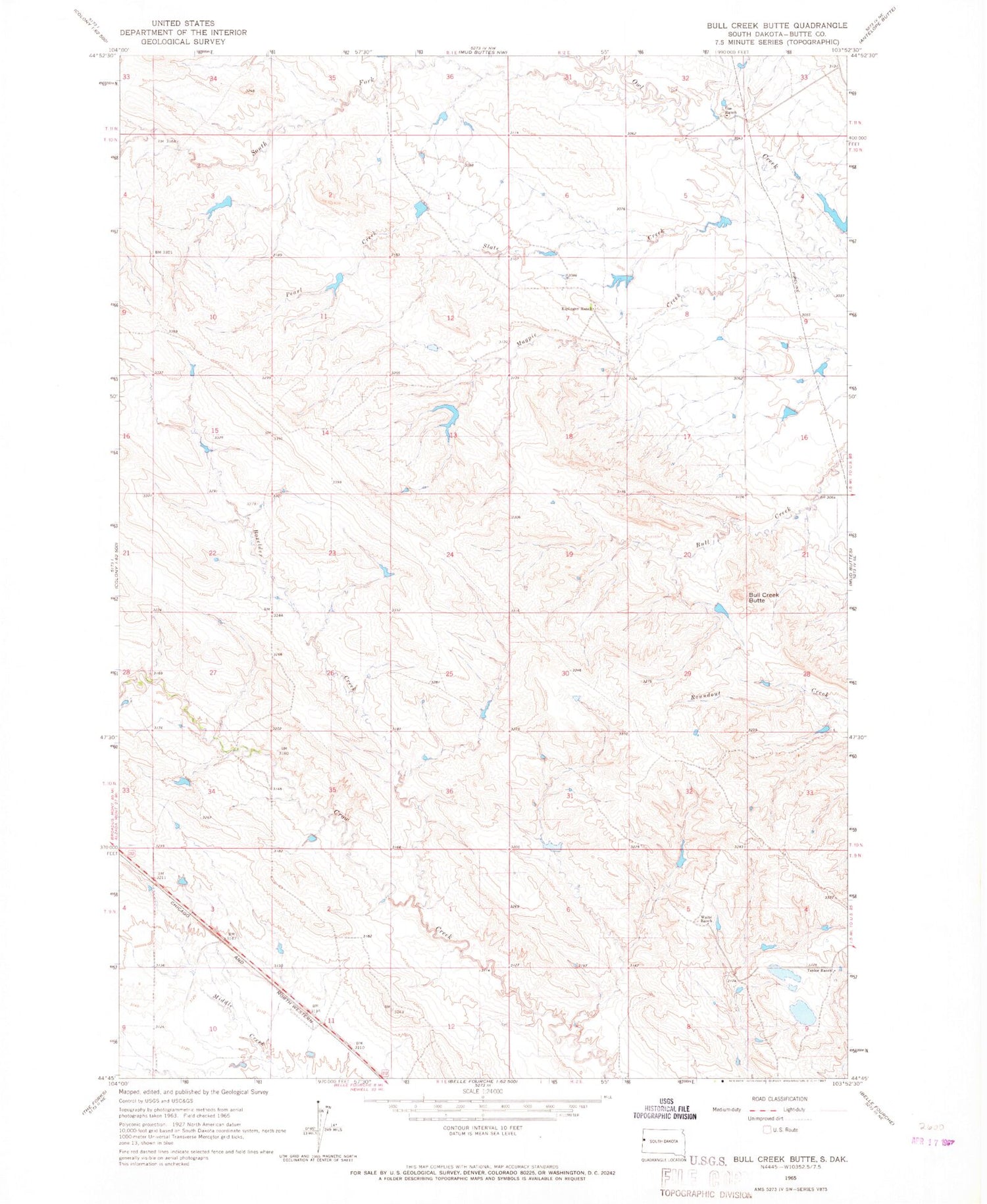 Classic USGS Bull Creek Butte South Dakota 7.5'x7.5' Topo Map Image