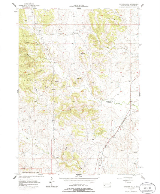 Classic USGS Butcher Hill South Dakota 7.5'x7.5' Topo Map Image