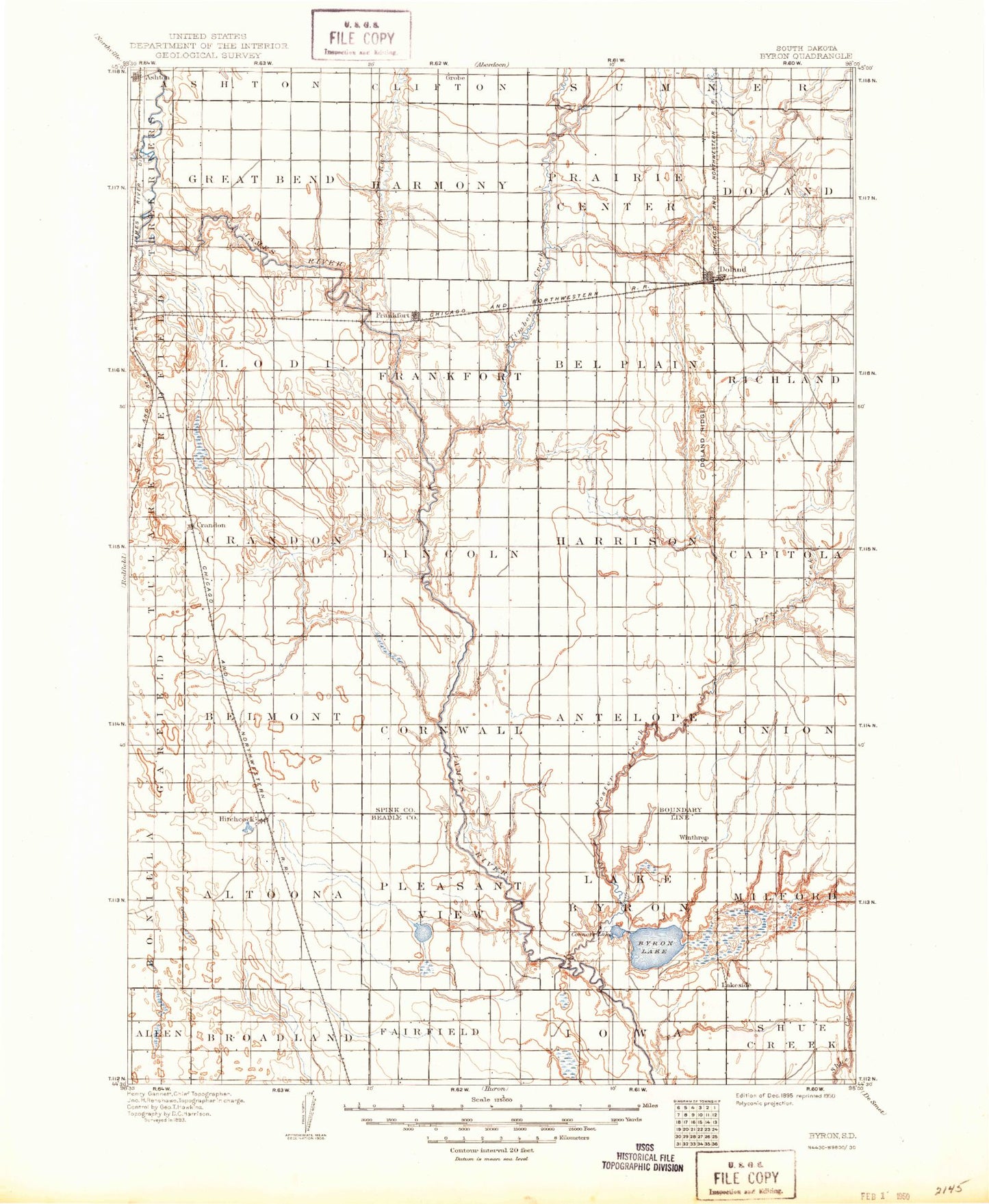 Historic 1895 Byron South Dakota 30'x30' Topo Map Image