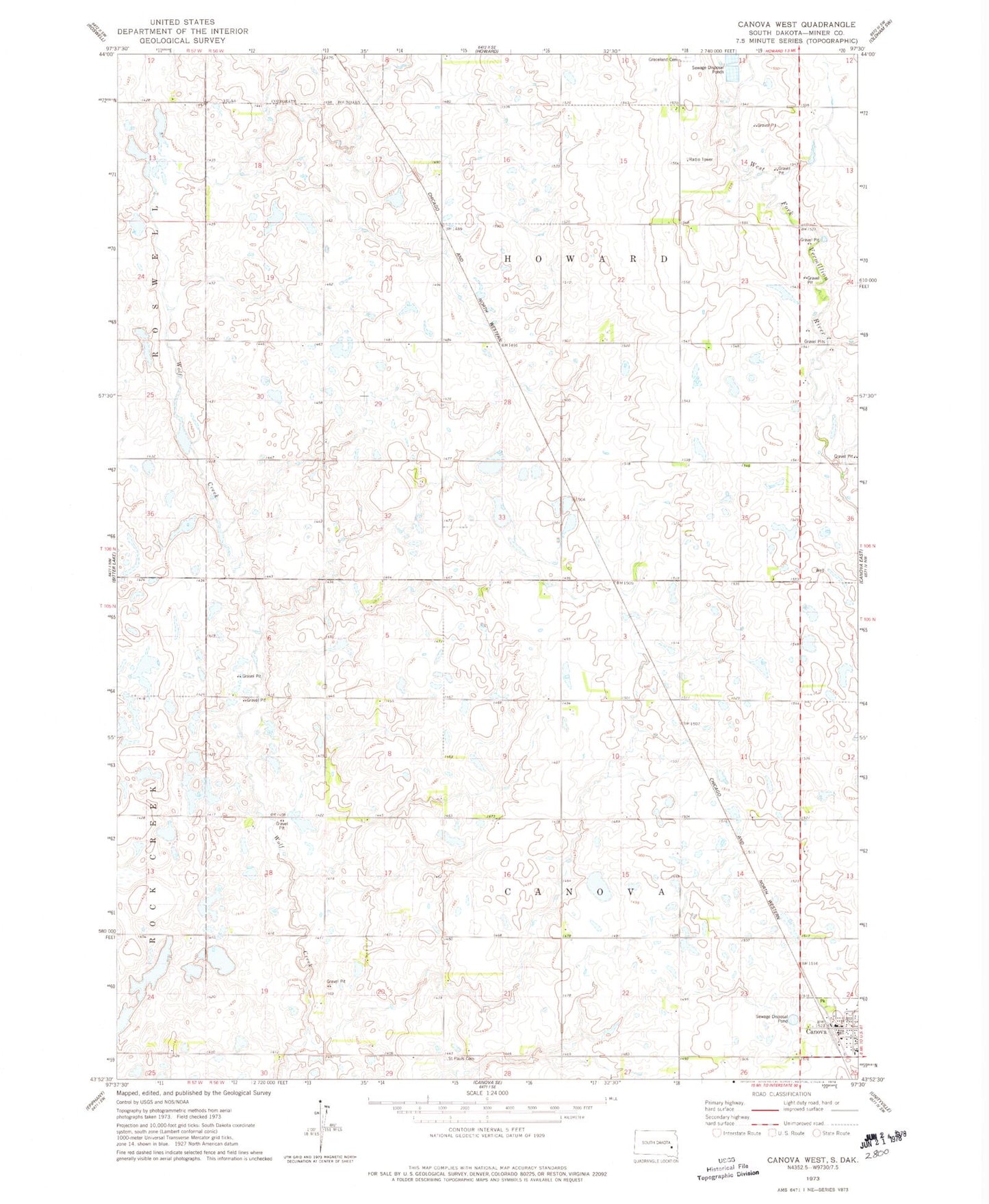 Classic USGS Canova West South Dakota 7.5'x7.5' Topo Map Image