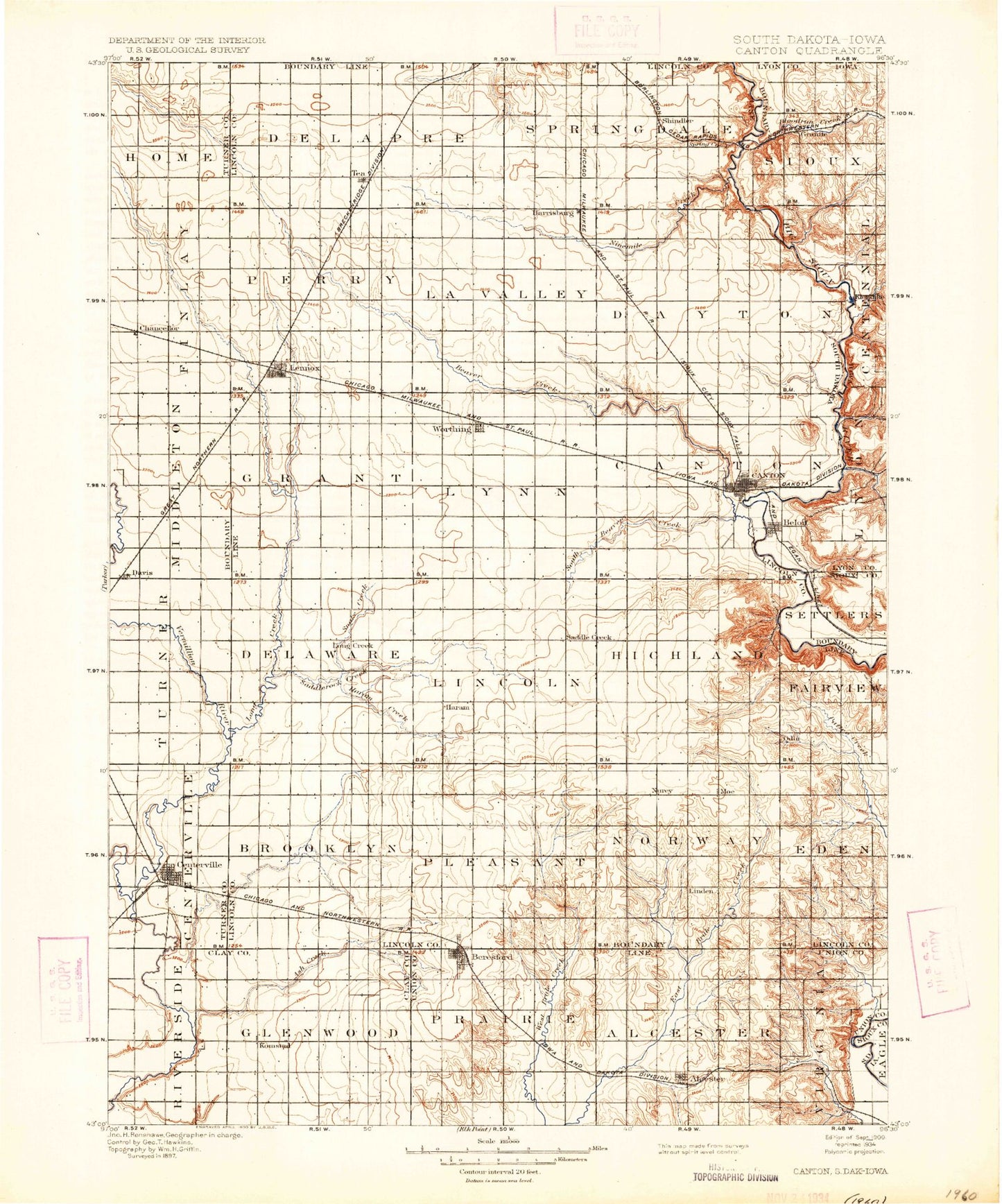 Historic 1900 Canton South Dakota 30'x30' Topo Map Image