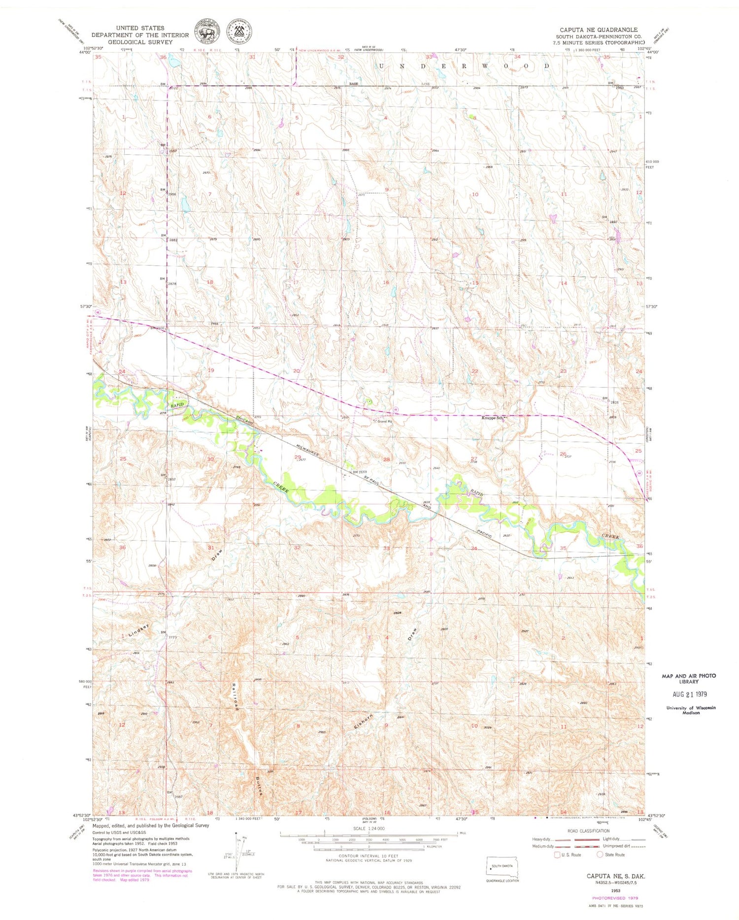 Classic USGS Caputa NE South Dakota 7.5'x7.5' Topo Map Image