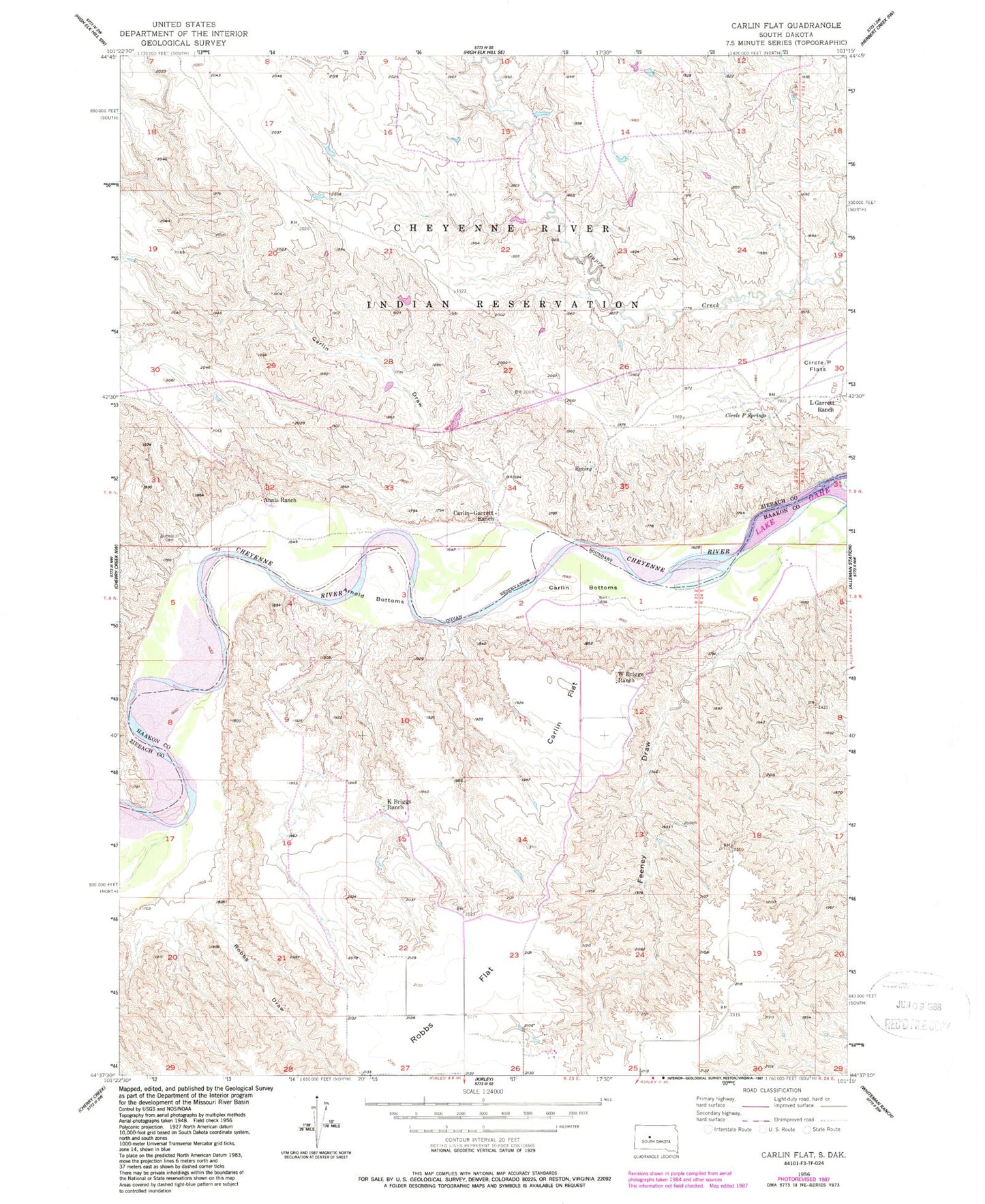 Classic USGS Carlin Flat South Dakota 7.5'x7.5' Topo Map Image