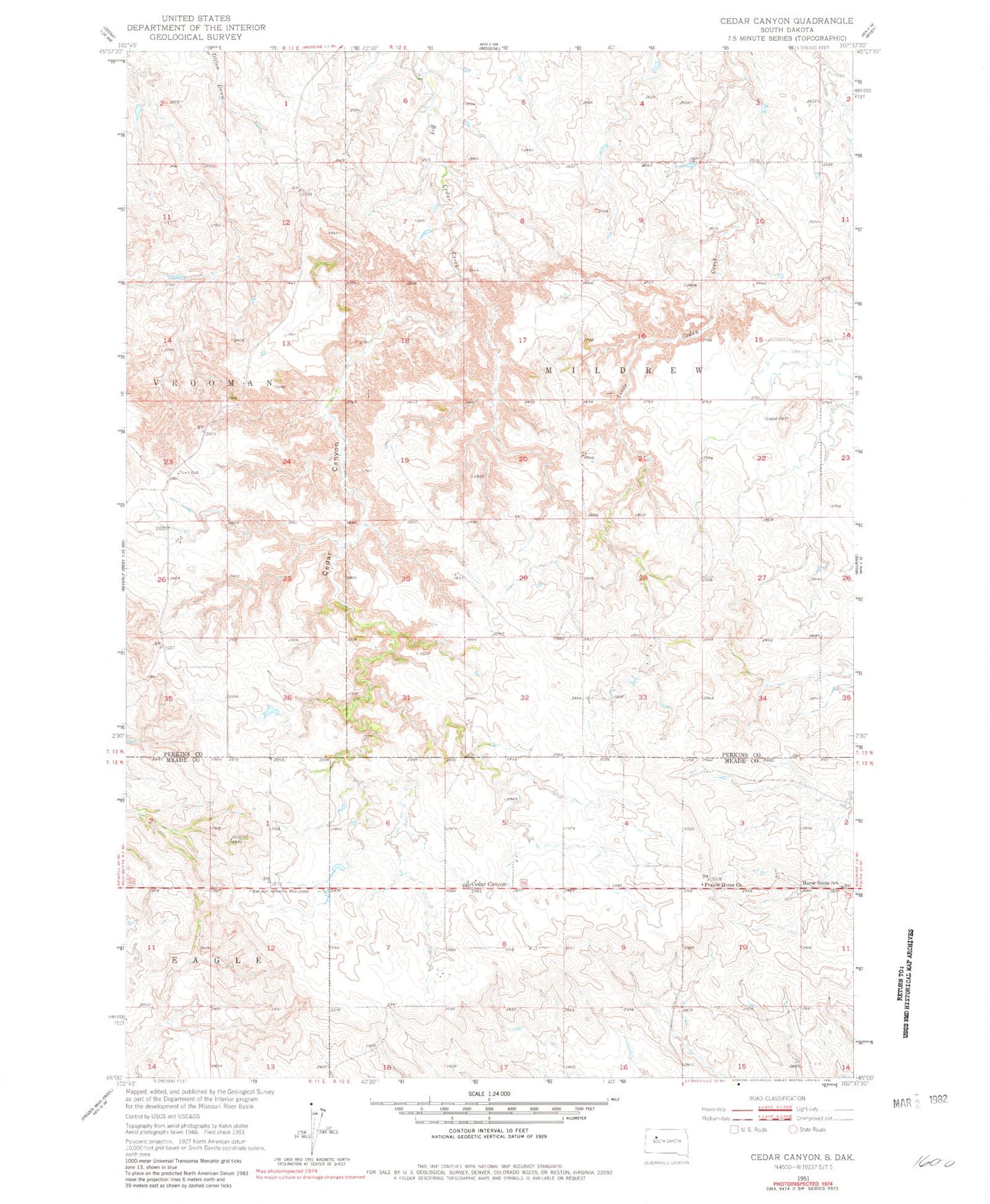 Classic USGS Cedar Canyon South Dakota 7.5'x7.5' Topo Map Image