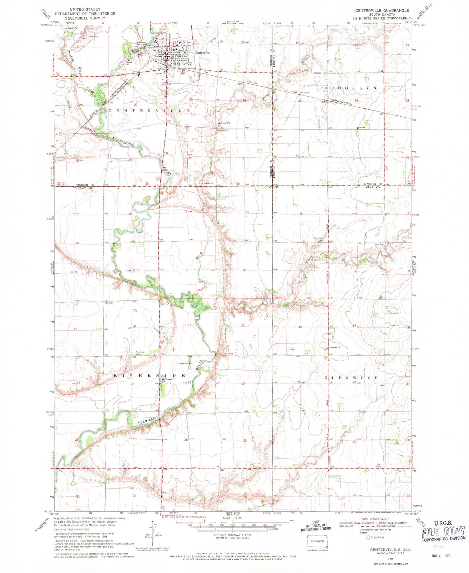 Classic USGS Centerville South Dakota 7.5'x7.5' Topo Map Image