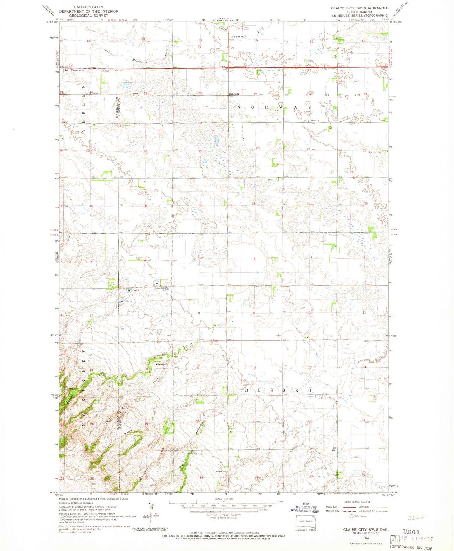 Classic USGS Claire City SW South Dakota 7.5'x7.5' Topo Map Image
