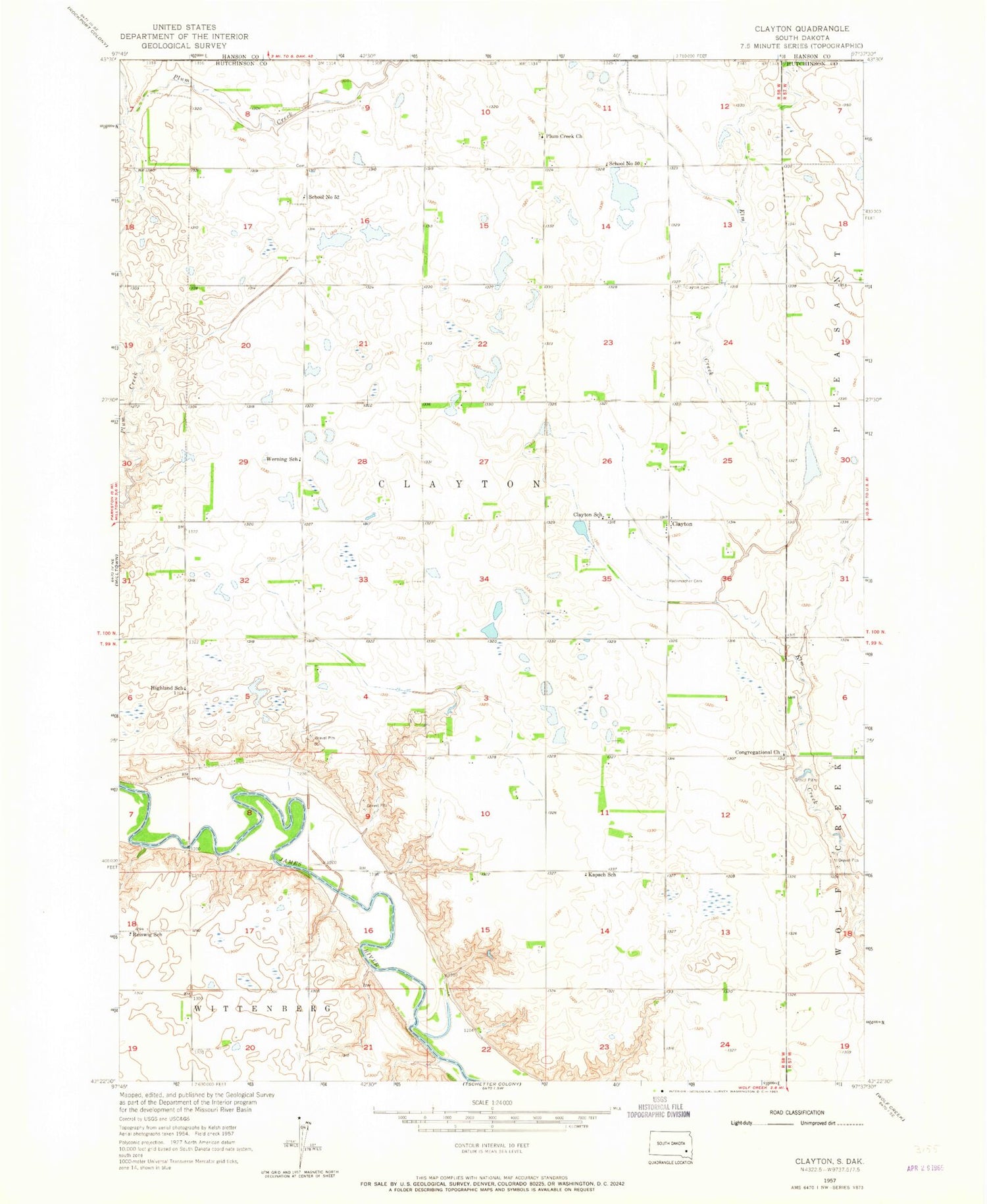 Classic USGS Clayton South Dakota 7.5'x7.5' Topo Map Image