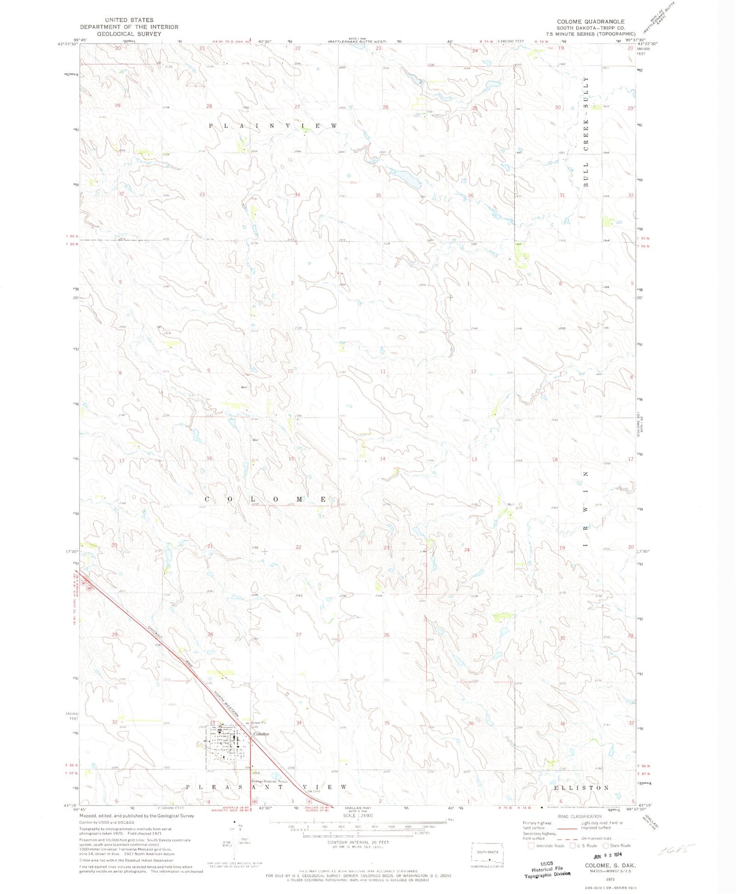 Classic USGS Colome South Dakota 7.5'x7.5' Topo Map Image