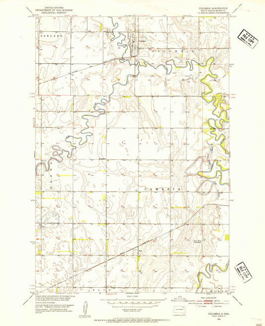 Classic USGS Columbia South Dakota 7.5'x7.5' Topo Map Image