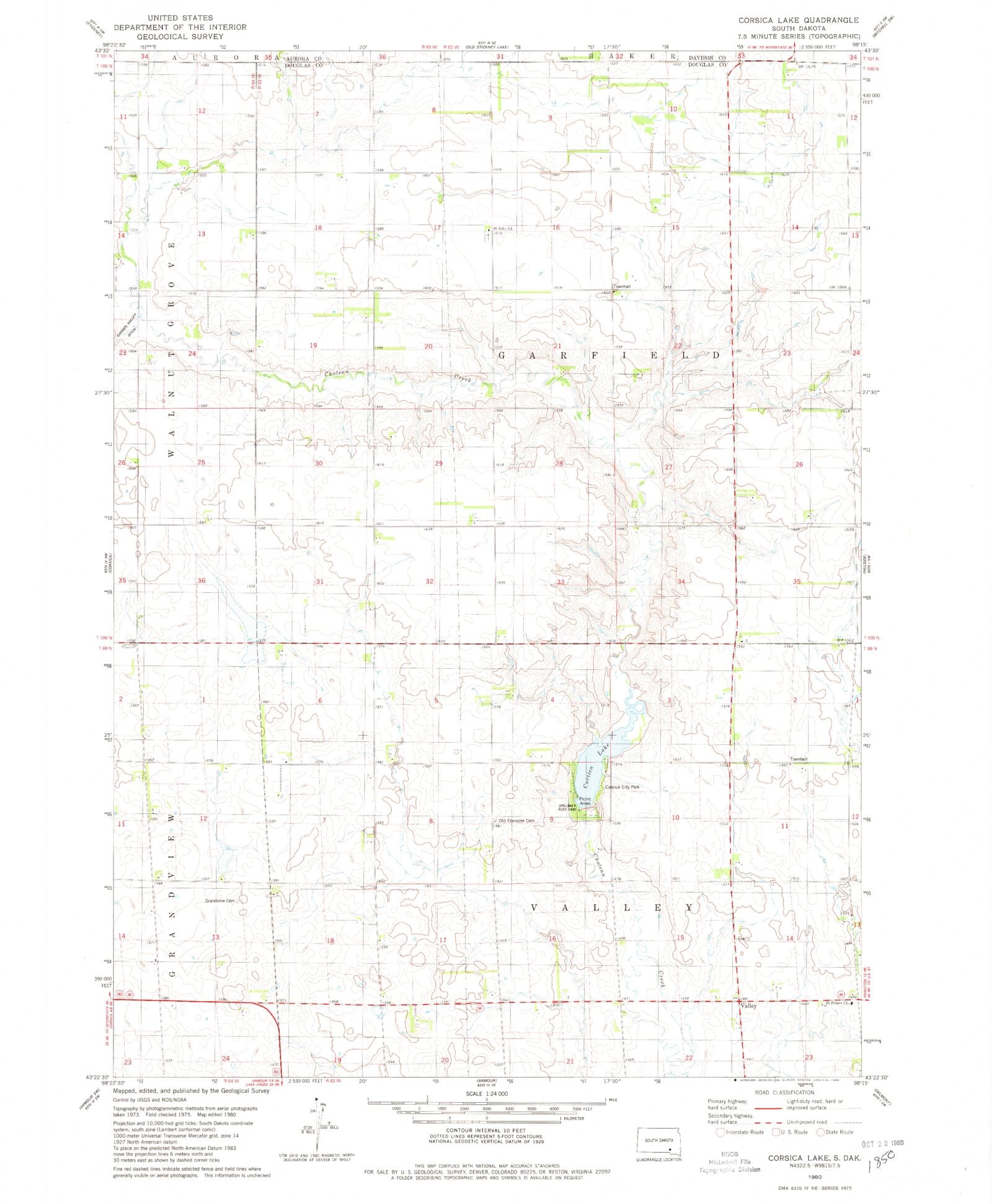 Classic USGS Corsica Lake South Dakota 7.5'x7.5' Topo Map MyTopo Map