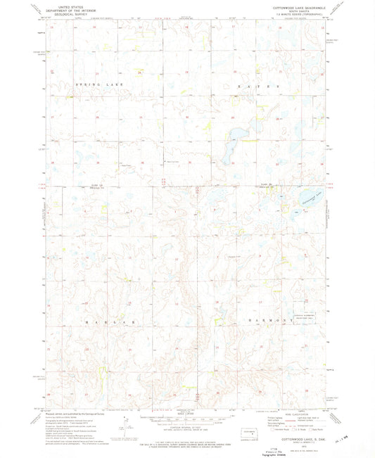 Classic USGS Cottonwood Lake South Dakota 7.5'x7.5' Topo Map Image