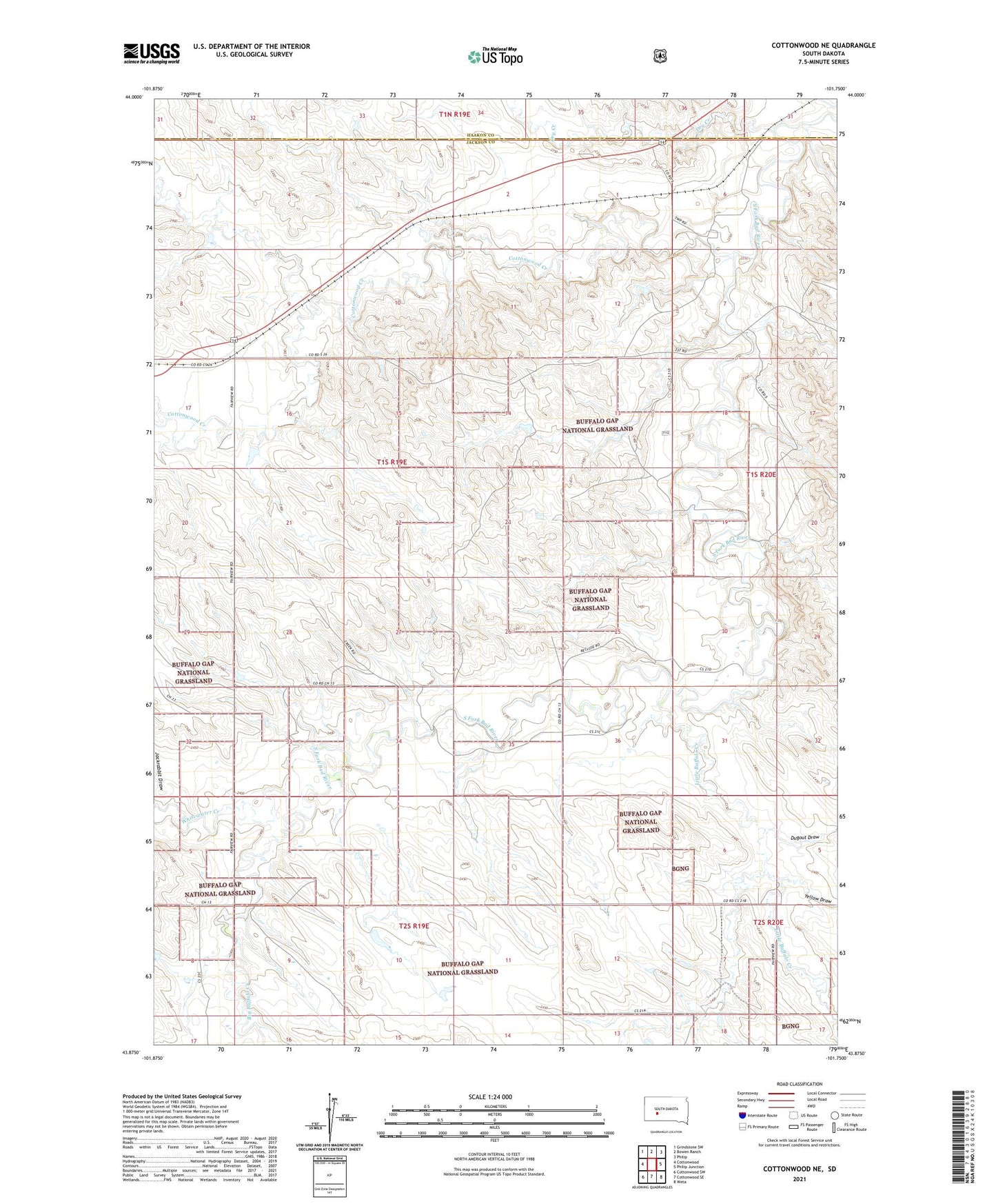Cottonwood NE South Dakota US Topo Map Image