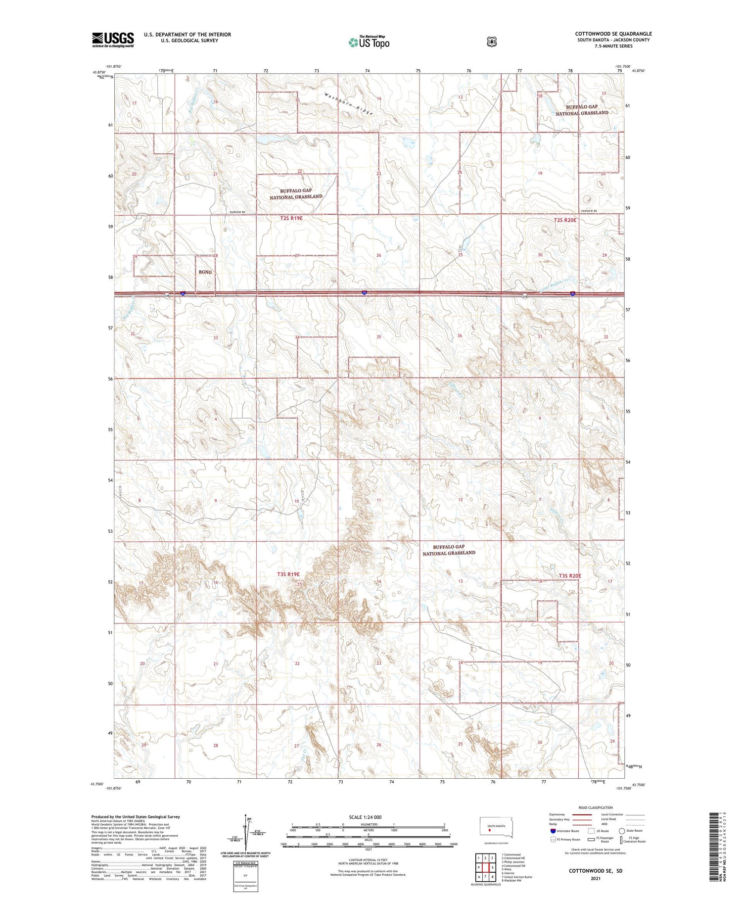 Cottonwood SE South Dakota US Topo Map Image