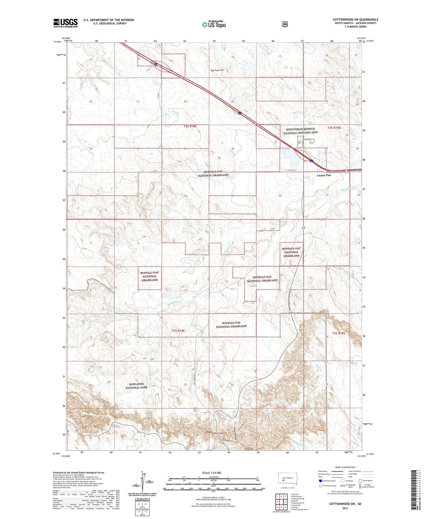 Cottonwood SW South Dakota US Topo Map Image