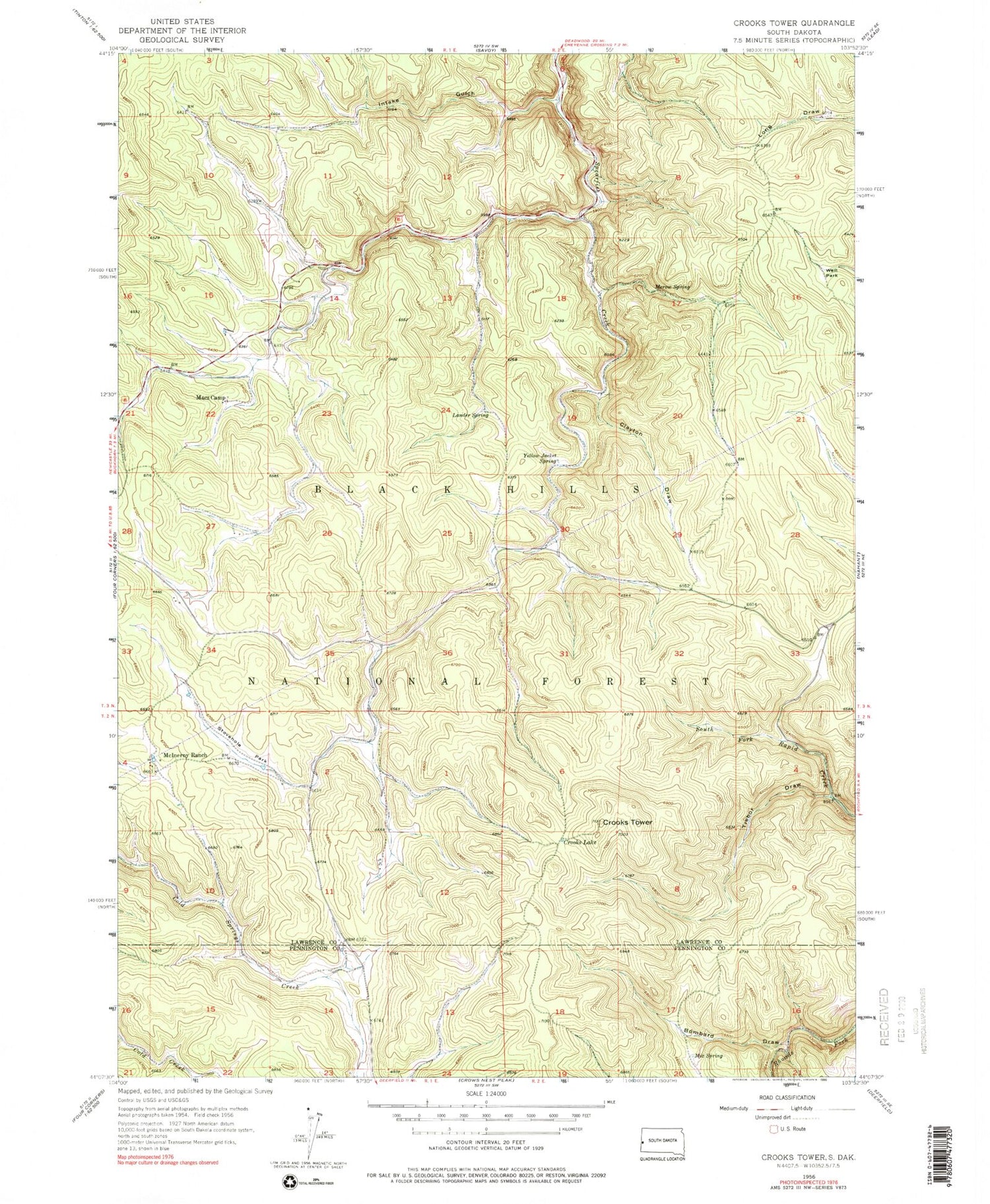 Classic USGS Crooks Tower South Dakota 7.5'x7.5' Topo Map Image