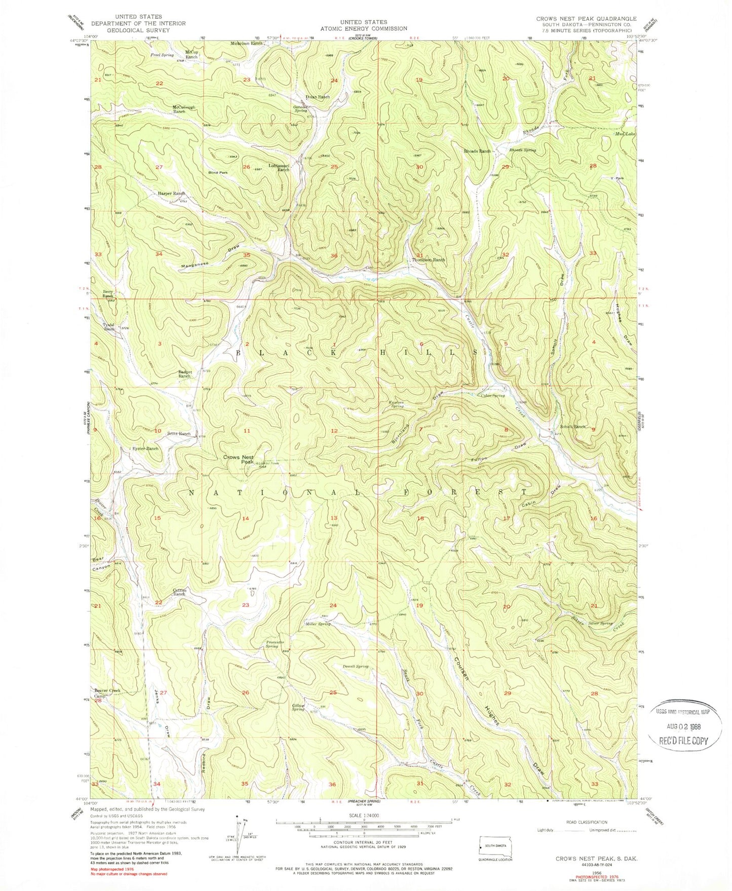 Classic USGS Crows Nest Peak South Dakota 7.5'x7.5' Topo Map Image