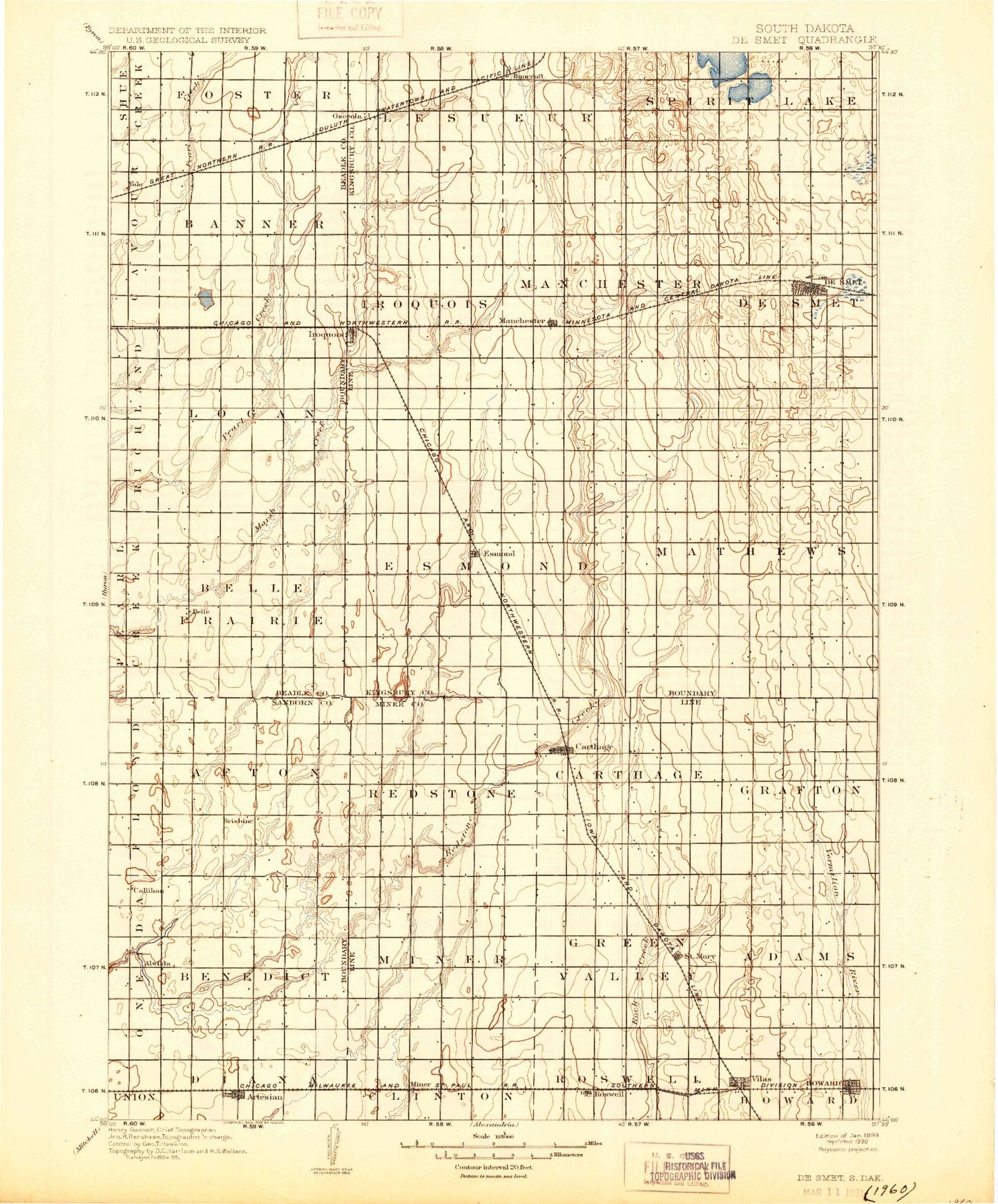 Historic 1899 De Smet South Dakota 30'x30' Topo Map Image