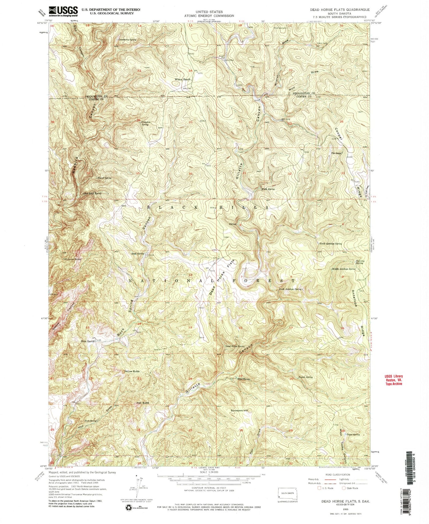 Classic USGS Dead Horse Flats South Dakota 7.5'x7.5' Topo Map Image