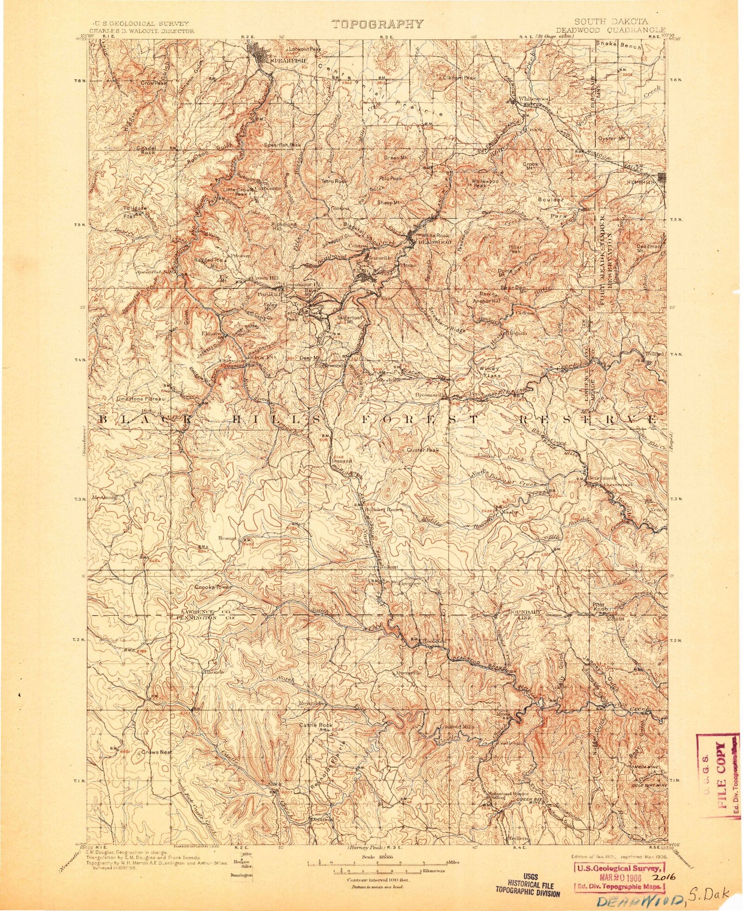Historic 1901 Deadwood South Dakota 30'x30' Topo Map Image