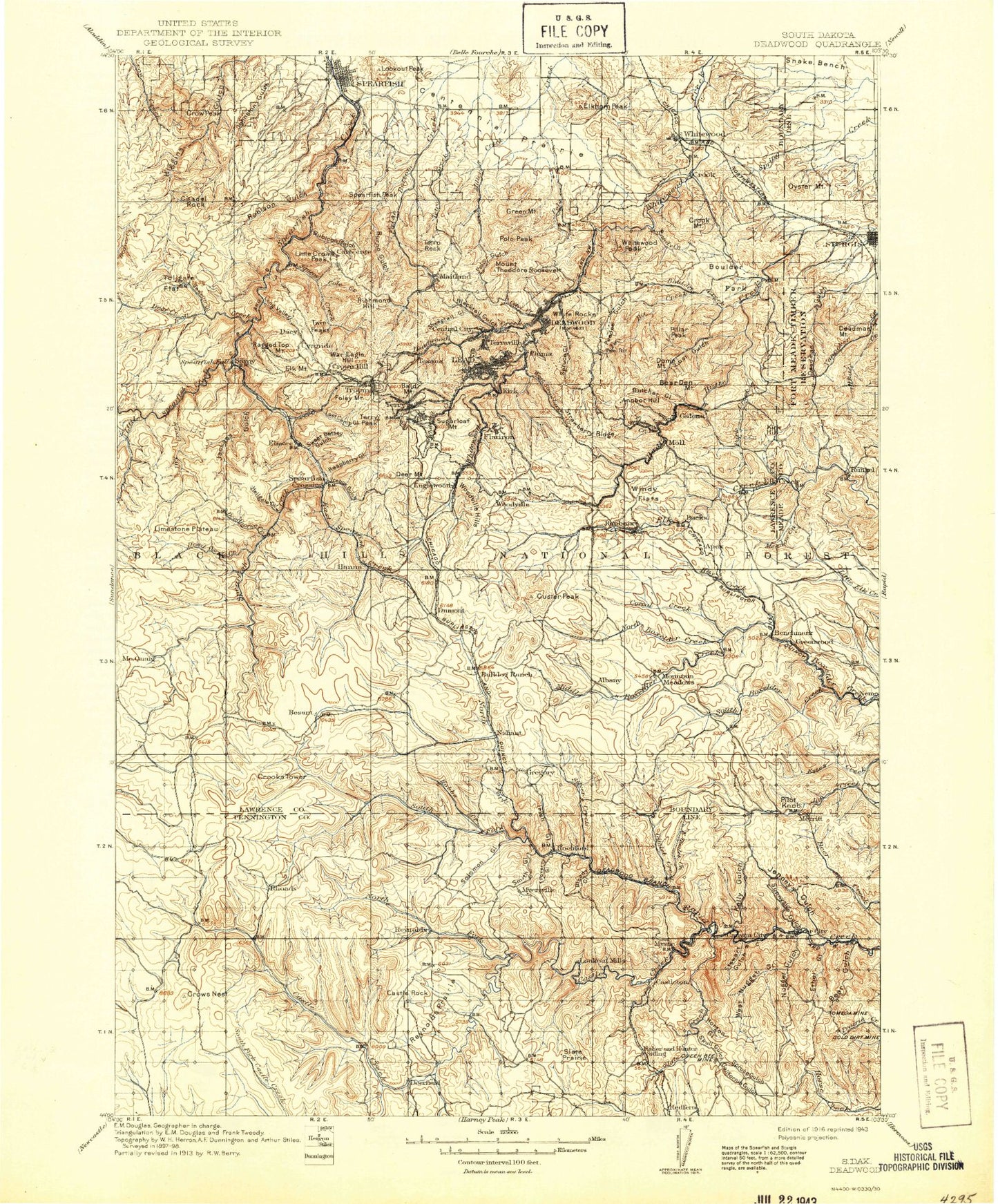 Historic 1916 Deadwood South Dakota 30'x30' Topo Map Image