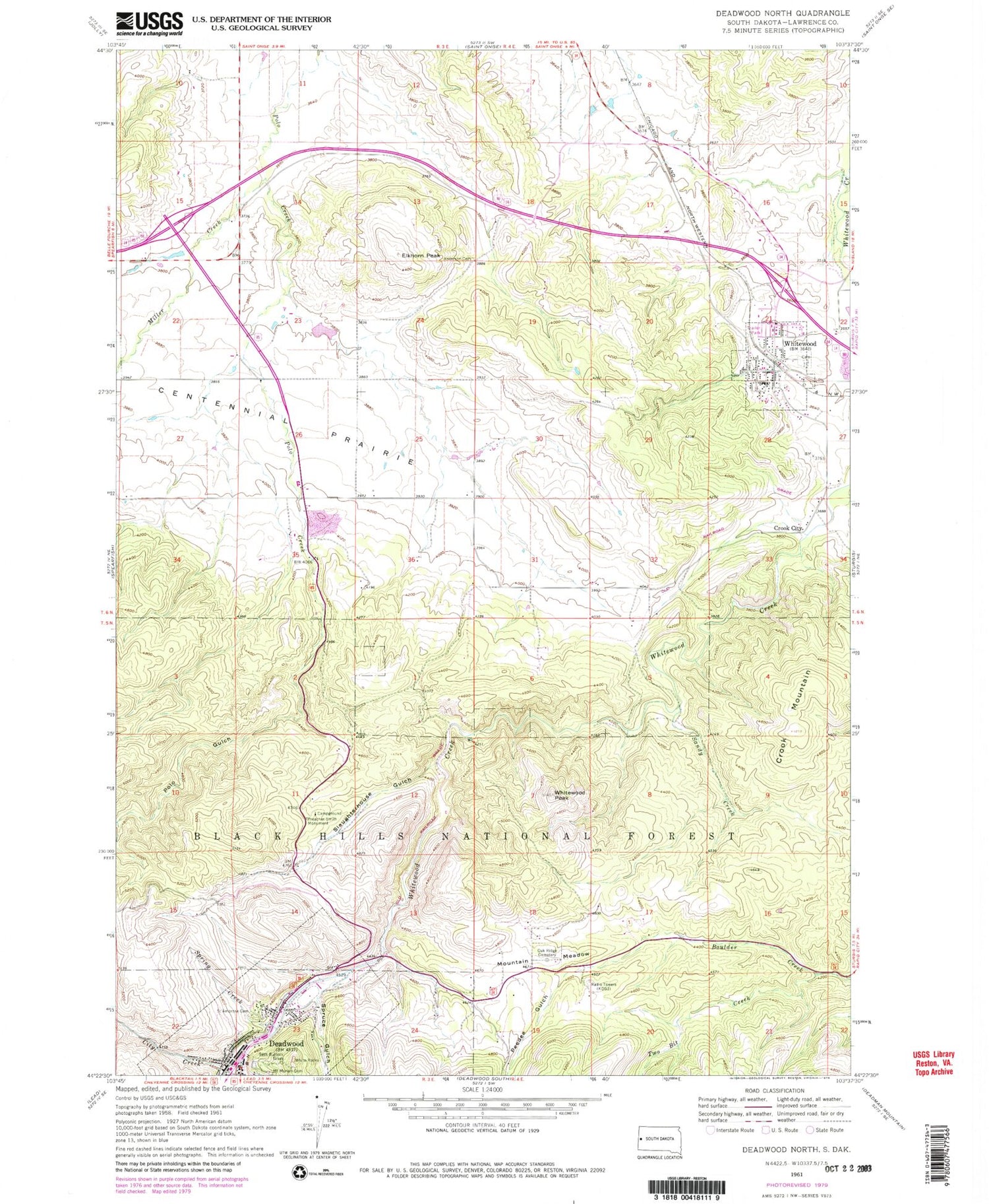 Classic USGS Deadwood North South Dakota 7.5'x7.5' Topo Map Image