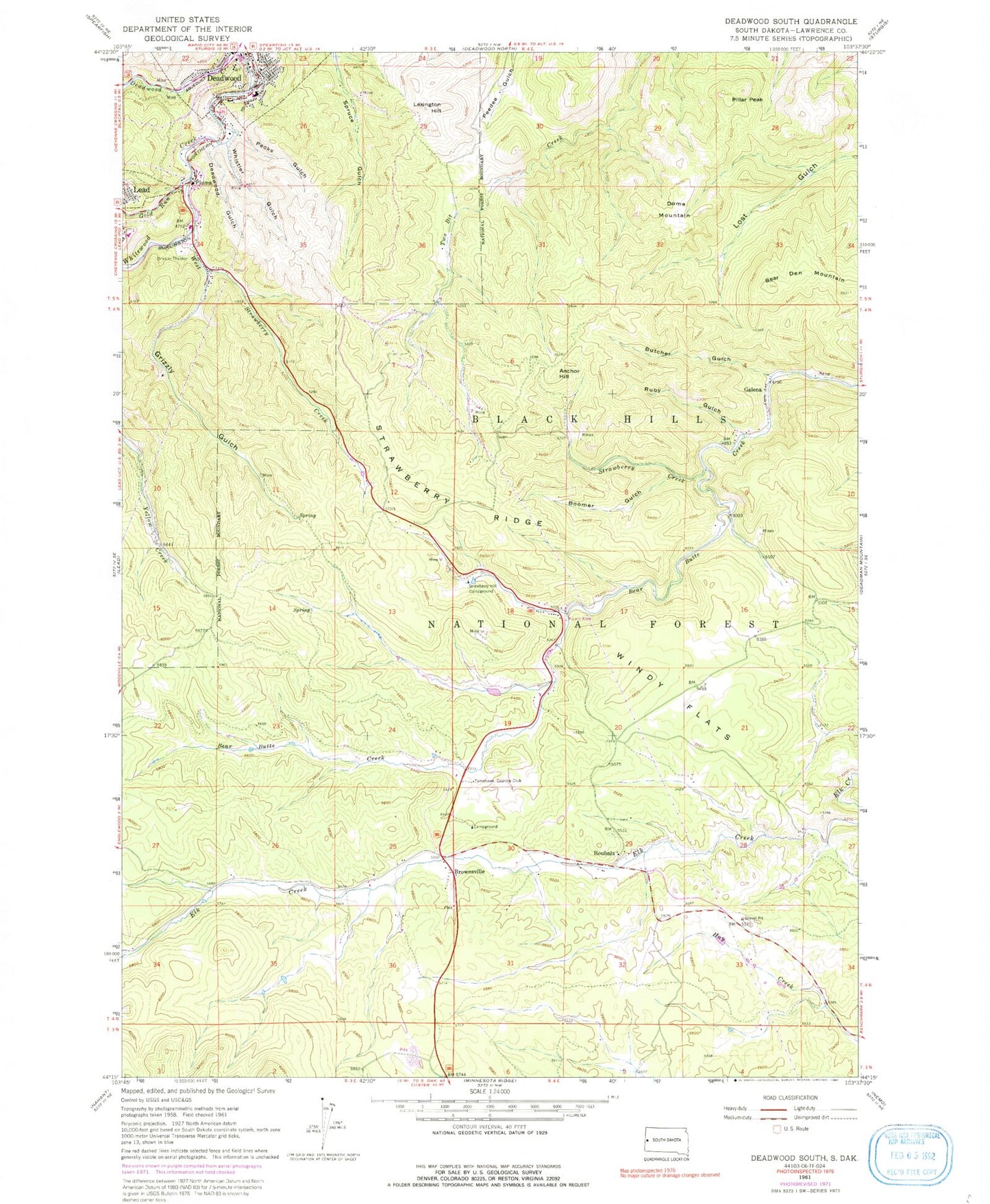 Classic USGS Deadwood South South Dakota 7.5'x7.5' Topo Map Image