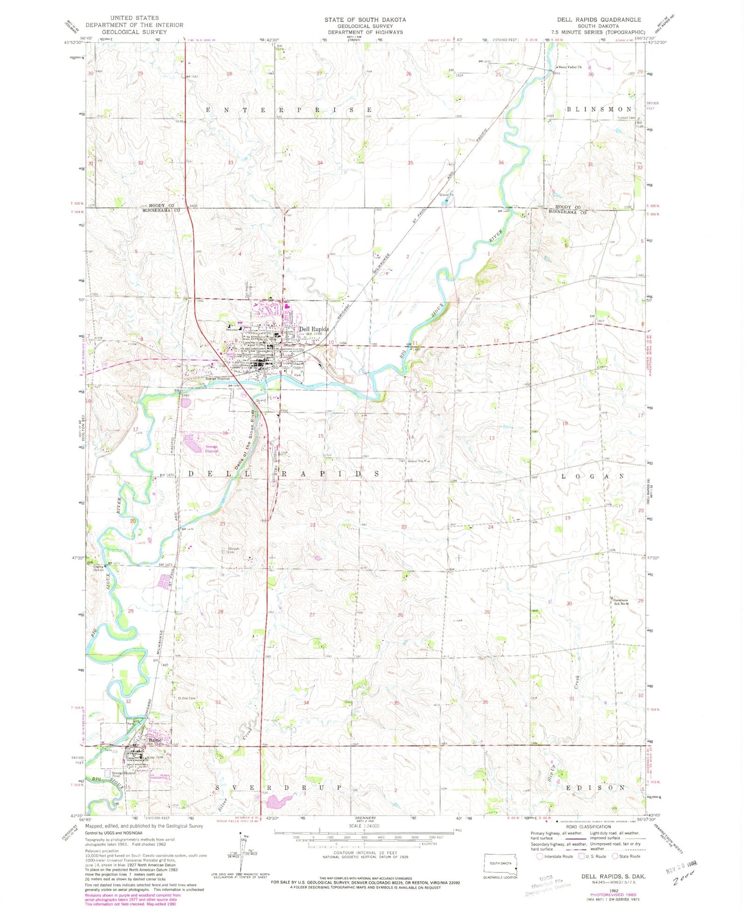Classic USGS Dell Rapids South Dakota 7.5'x7.5' Topo Map Image