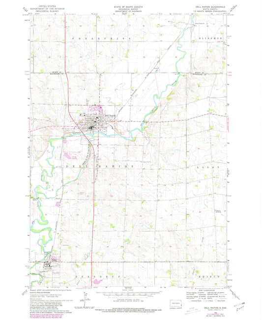 Classic USGS Dell Rapids South Dakota 7.5'x7.5' Topo Map Image